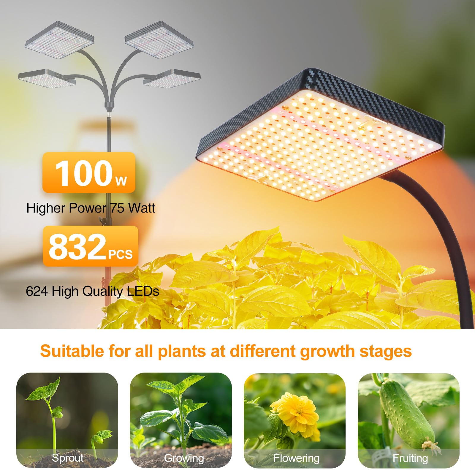 4-Head Grow Light with Stand 100W, FECiDA 2025 Grow Lights for Indoor Plants, Full Spectrum LED Plant Grow Light for Houseplants