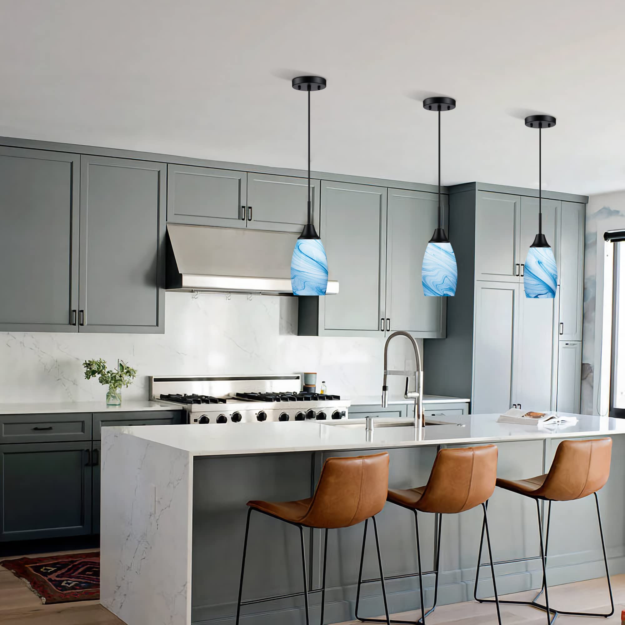 Viinew 3-Pack Mini Blue Marble Glass Pendant Light 4.72'' With Handblown Oval Art Glass Lamp Ceiling Hanging Light,For Dining Ro