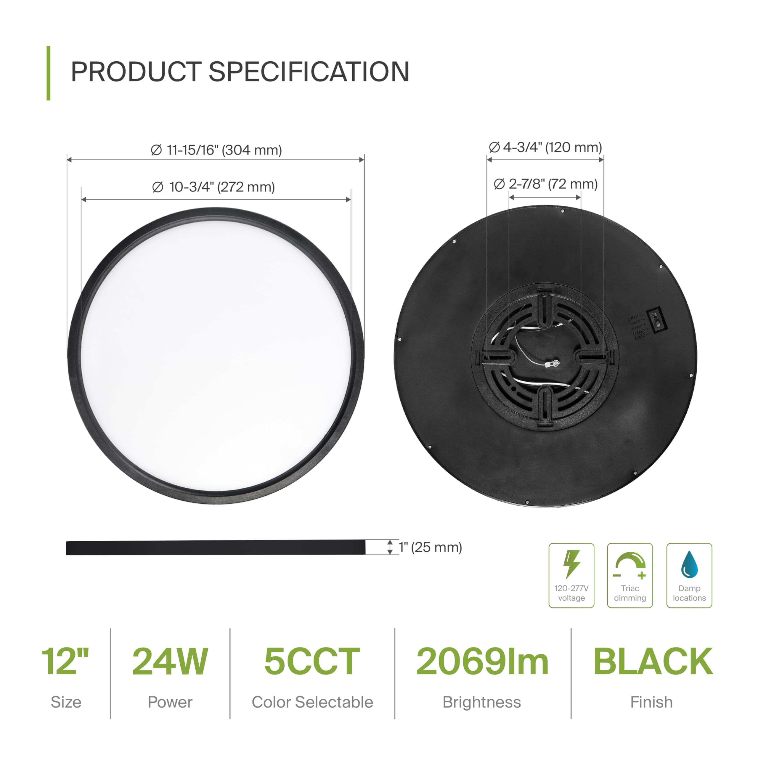 ASD LED Flush Mount Ceiling Light Fixture | 12in Round | 24W 2000LM | Dimmable | Black | 4 Pack | Model A-MPR-MV-12D