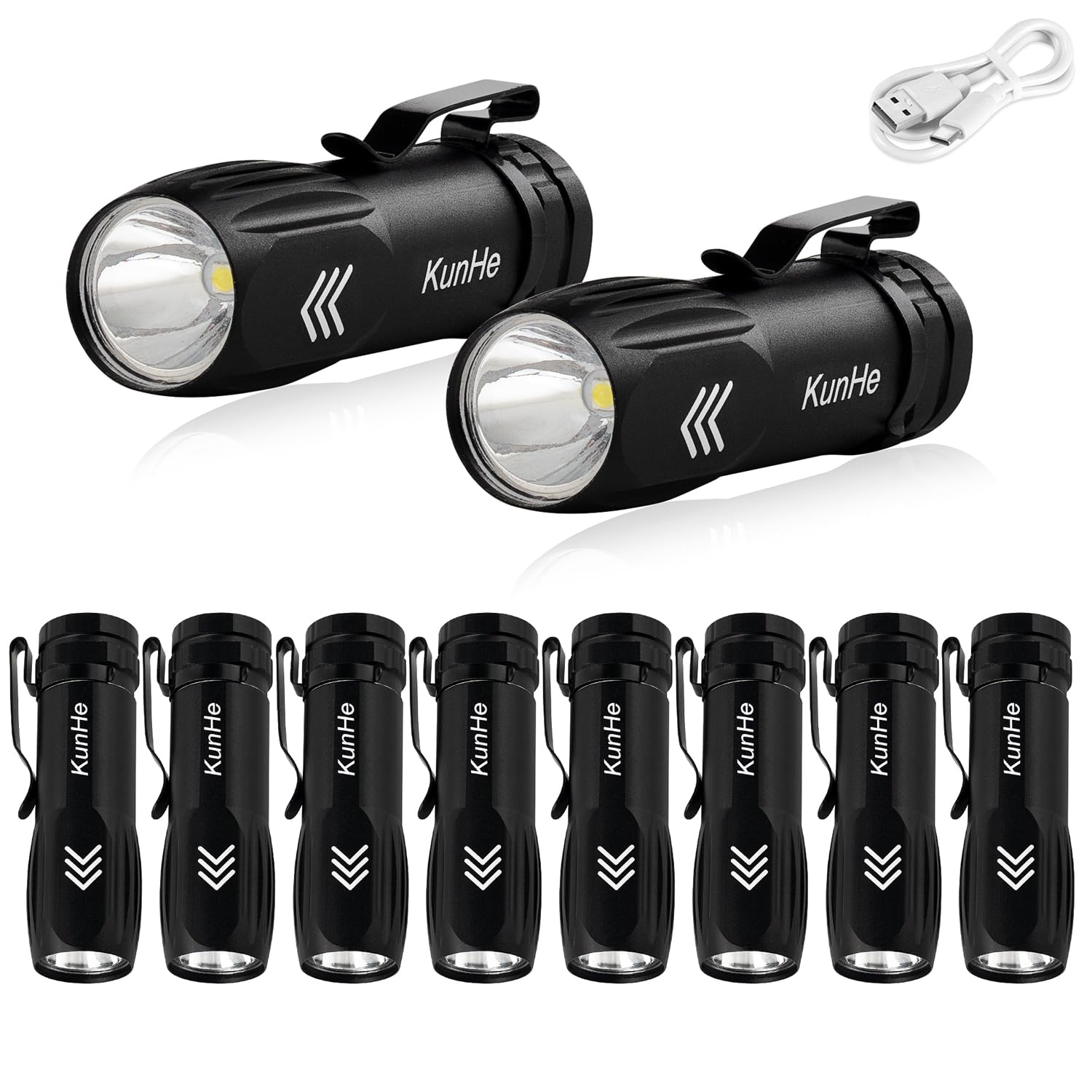 KunHe Small Rechargeable Flashlights 10 Pack Bulk USB-C Mini High Lumens Flashlight Clip Portable Pocket Flash Light for EDC Eme