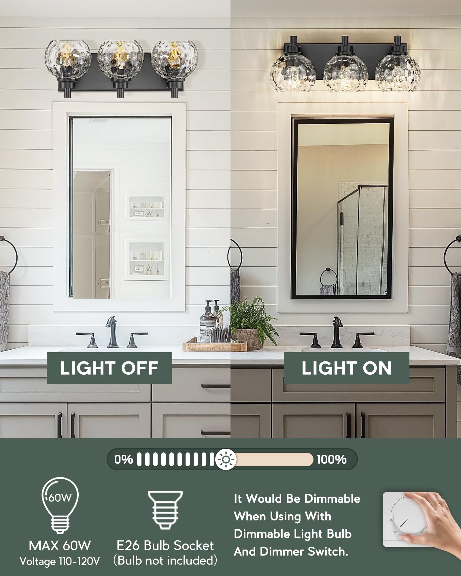 METWET 3-Light Matte Black Bathroom Light Fixtures with Clear Hammered Glass Globe Shade, Model VL200-MB-3