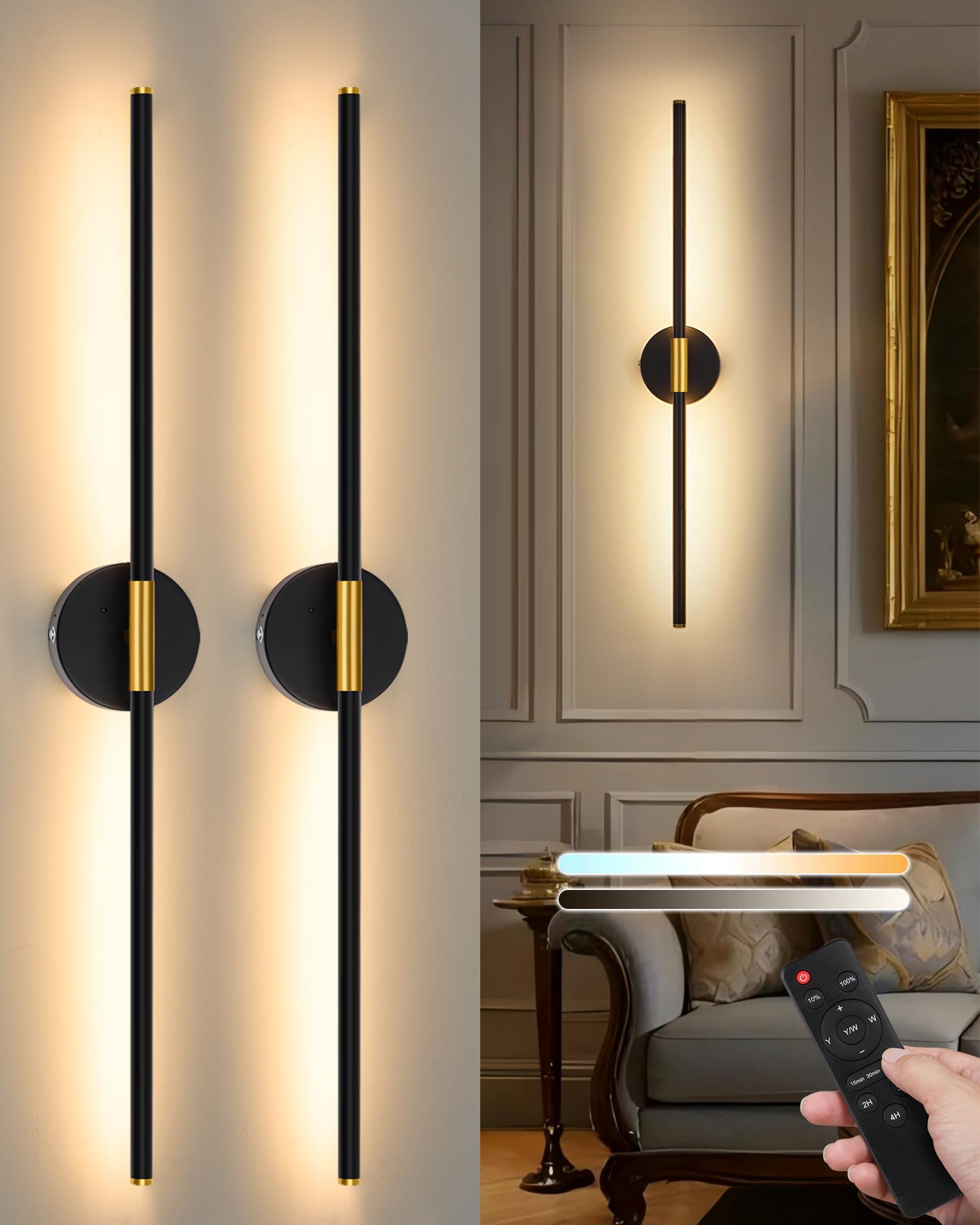 Lumiquesce 24 Inch Battery Operated Wall Sconce Set of 2, Dimmable LED, Black Gold, 8000 mAh Rechargeable, Model 7105