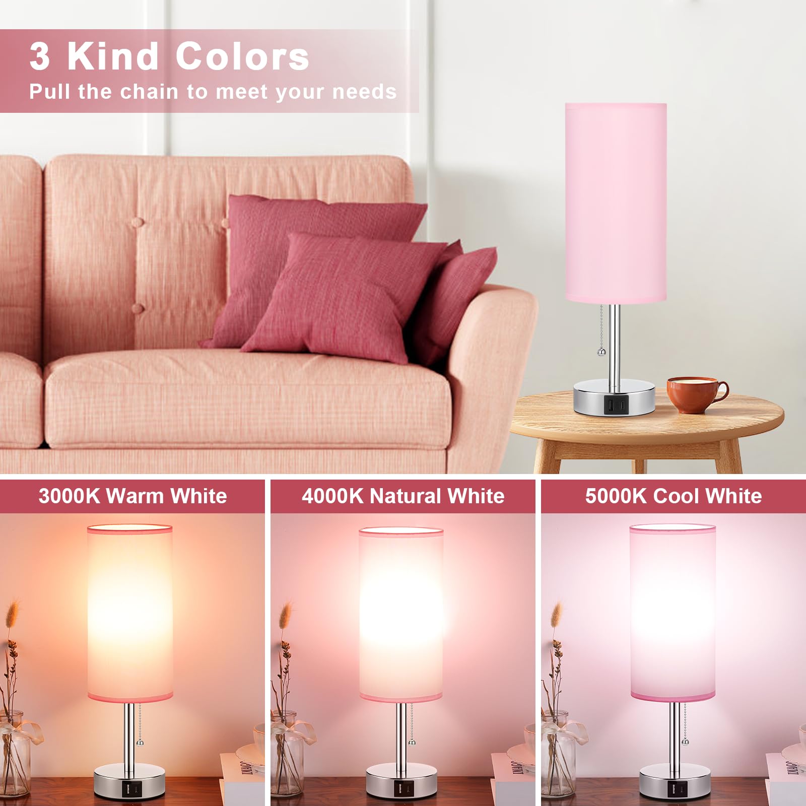 Hong-In Pink Bedside Lamp For Bedroom-Nightstand Lamp With 3 Color Modes With Usb-C+A Charging Ports, 3000/4000/5000K Bedroom La