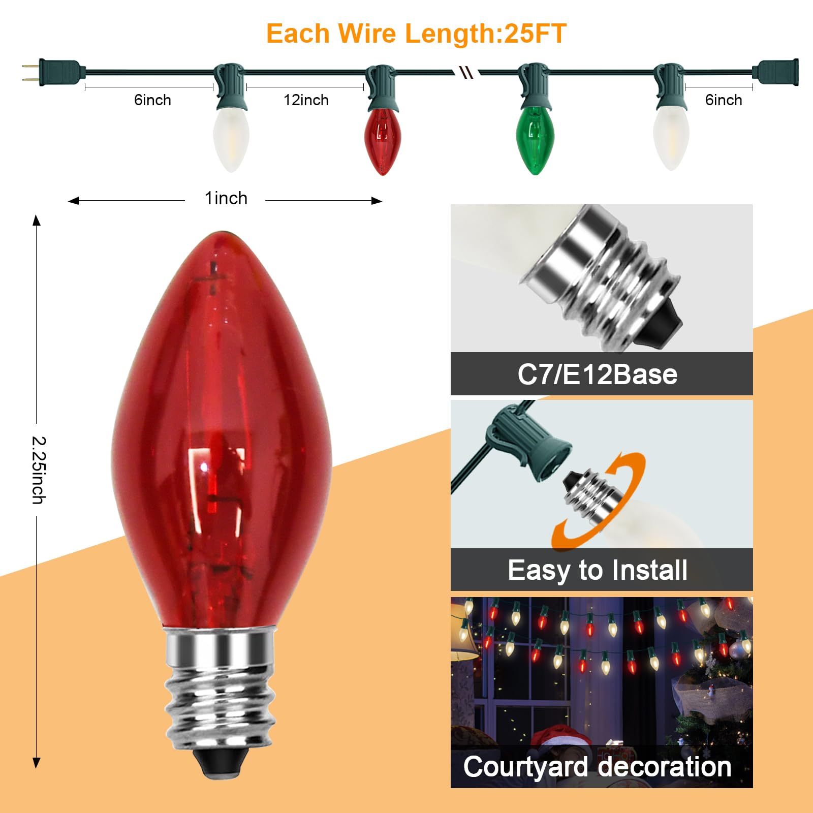 C7 Led Red White And Green Christmas Lights, 25Ft Outdoor Chritsmas String Lights Shatterproof With 27 Led Clear Multicolor Bulb