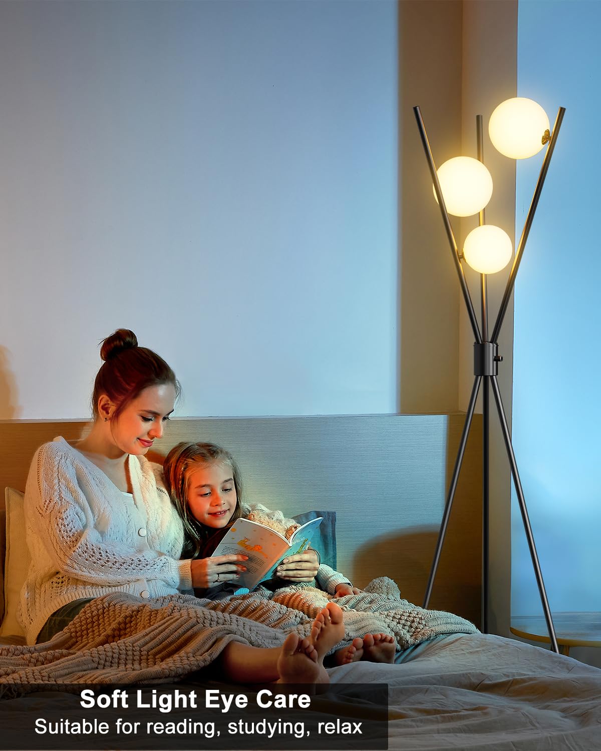 Lightdot Dimmable Black Tripod Floor Lamp, 3 Globe 3000K Bulbs, Modern Mid Century Design