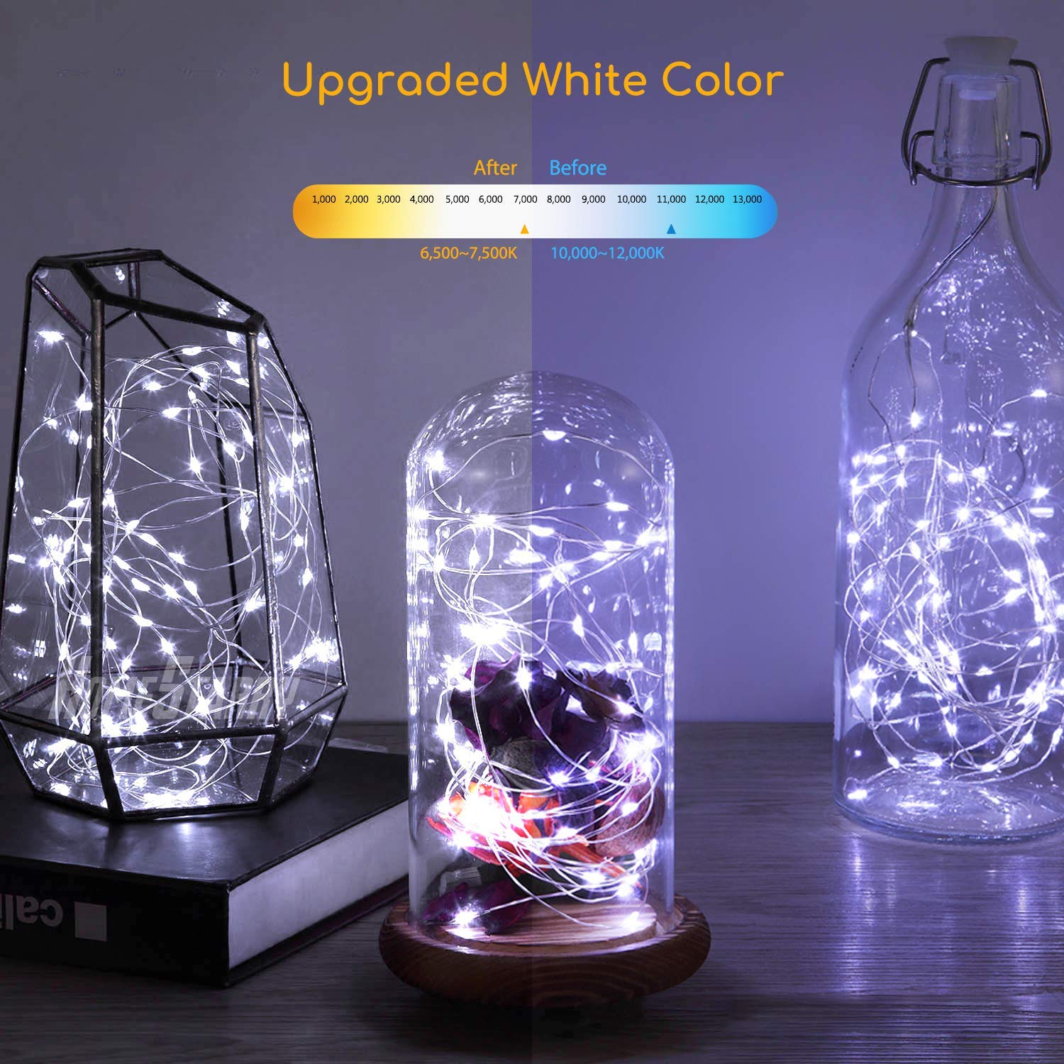 TingMiao 100 LED String Lights, 33ft Battery Operated, Cool White, Waterproof Copper Wire, Remote Control Timer, 2 Pack