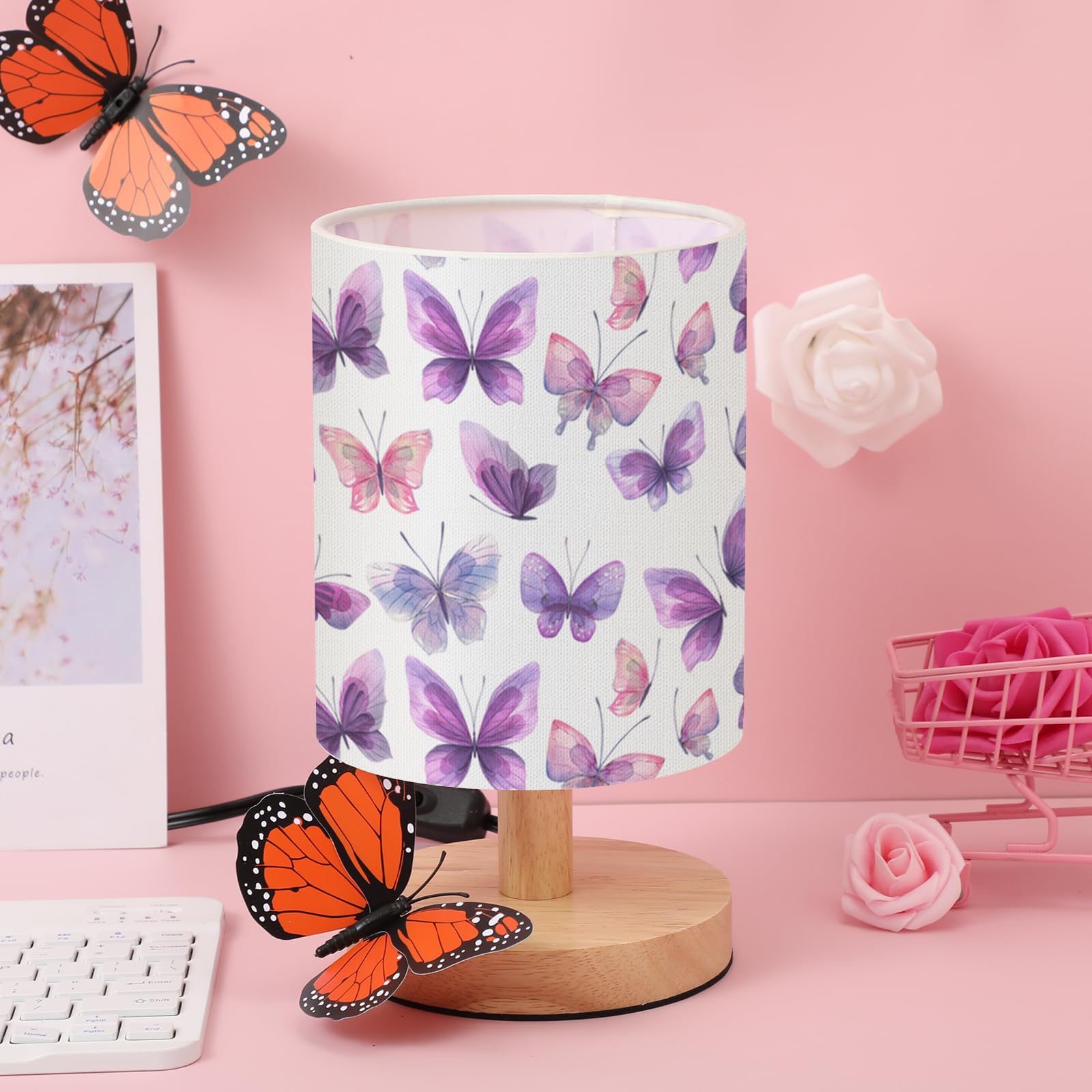 Vihose Butterfly Table Lamp For Bedroom Kids Bedside Lamp With Linen Wooden Nightstand Lamp Cartoon Nursery Lamp Lampshade For G