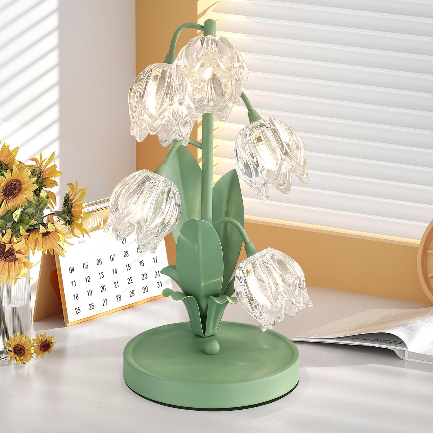 AGNEVE Glass Flower Table Lamp 5 Lily of The Valley Bedside Lamps 3 Color Modes Desk Lamp with G4 Led Bulbs for Home Living Room Bedroom Night Stands Decor