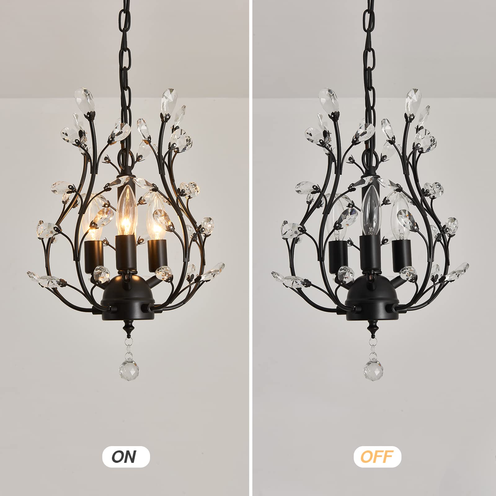 CVKASH 3-Light Crystal Chandelier Flush Mount, 11 Inch, Matte Black Metal, Vintage Style for Bedroom, Porch, Dining Room, Kitchen