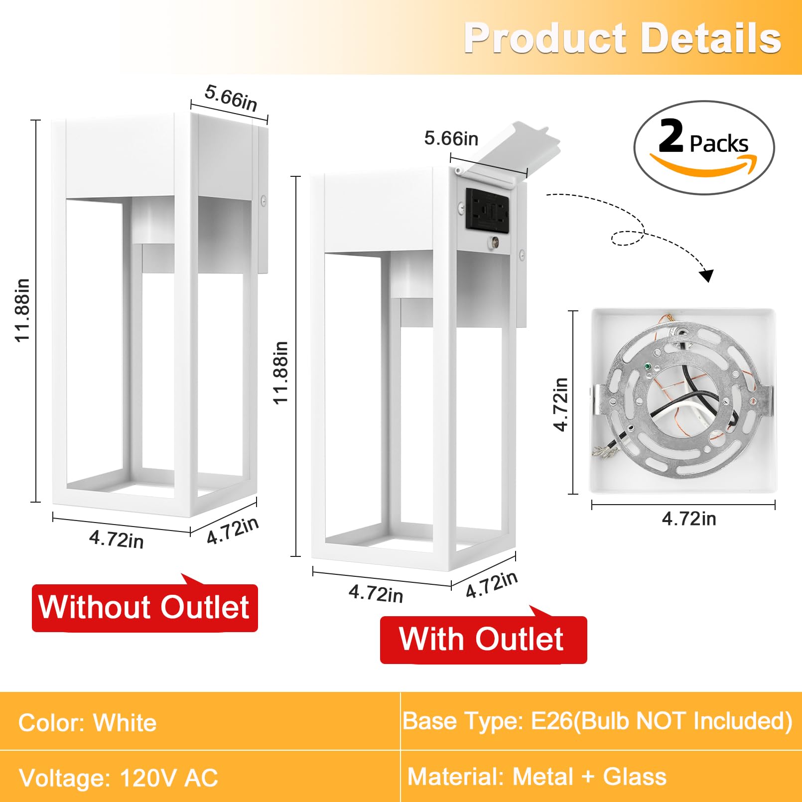 Oykyohei 2 Pack Porch Lights Outdoor Wall Sconce, Outdoor Light With Gfci Outlet, Waterproof Exterior Wall Lantern Light Fixture
