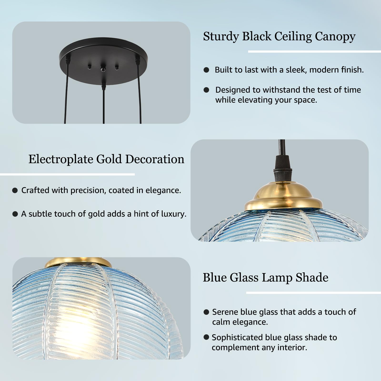 Testoys 3-Light Blue Glass Pendant Light, Globe Shade Hanging Chandelier, Hand Blown Glass Ball Pendant Light Fixtures For Kitch