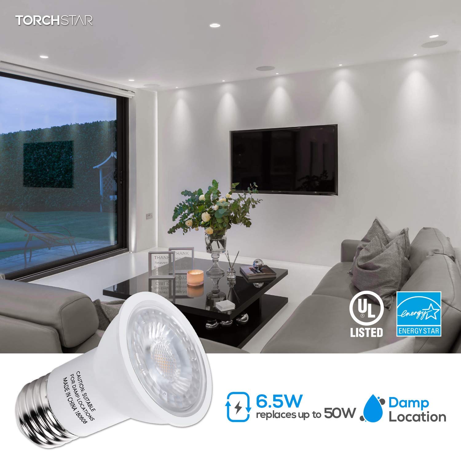 TORCHSTAR PAR16 LED Bulb, 500LM Dimmable Spotlight, 6 Count, Cool White 4000K, E26 Base, UL & Energy Star Listed