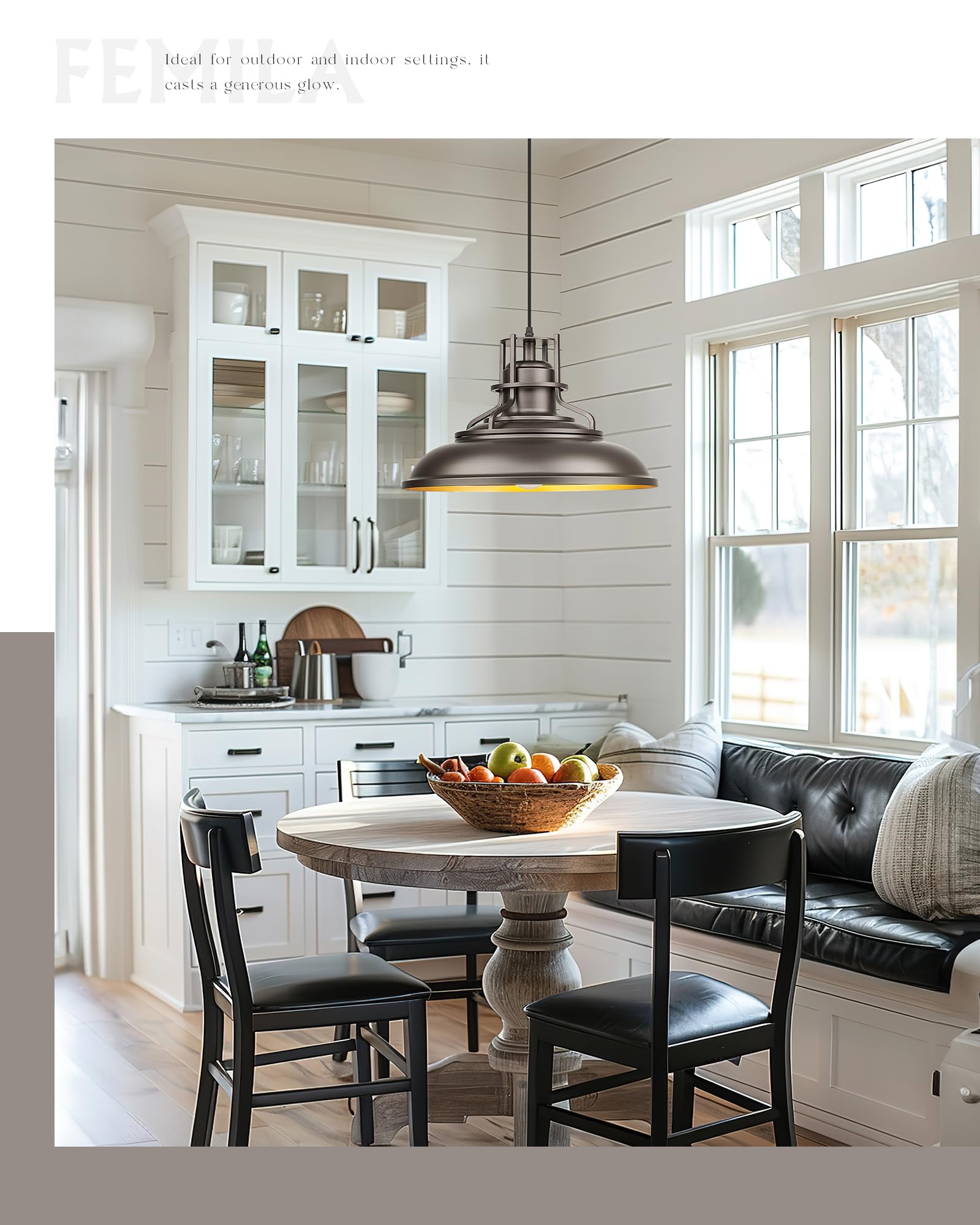 FEMILA 18" Outdoor Pendant Light, Farmhouse Hanging Fixture, Oil Rubbed Bronze, Adjustable Height, Model 4FY15-MP-L ORB