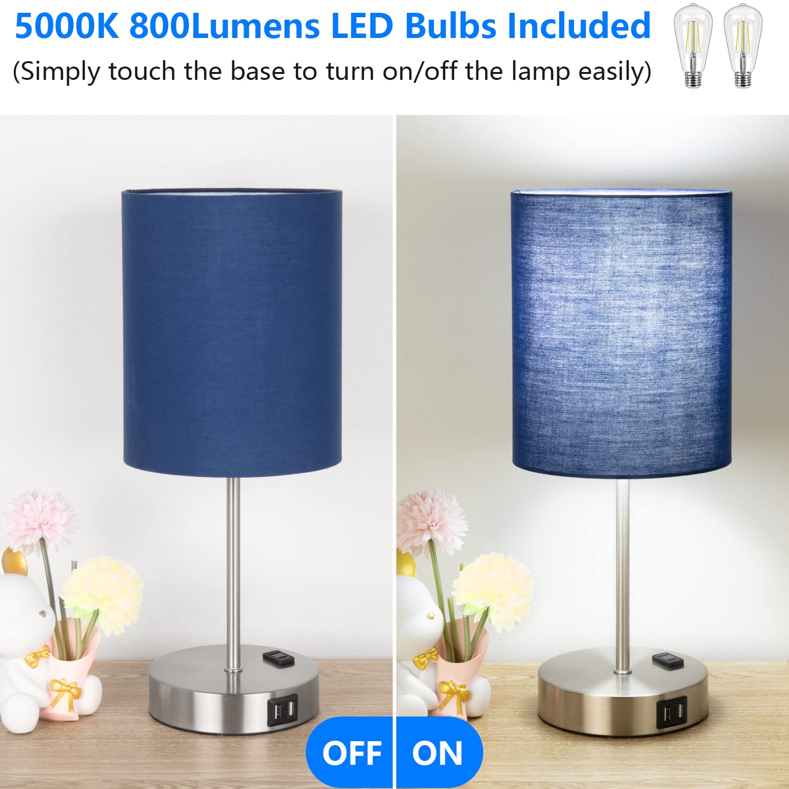 ShineTech Touch Control Bedside Table Lamp Set of 2, 3-Way Dimmable, USB Ports, Blue, Metal, Model JYT-01471-TL-BLUE-