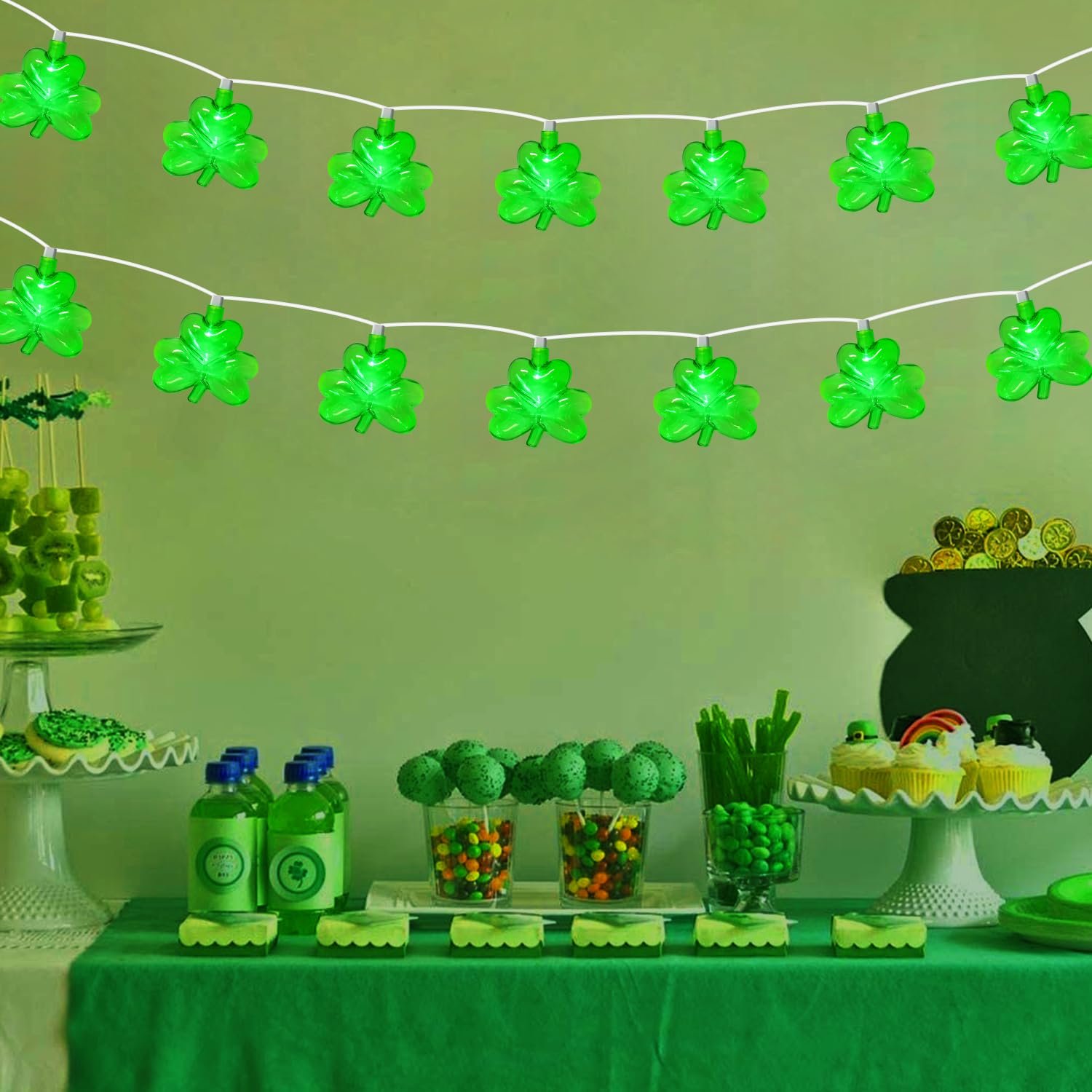 PASUTO 8.5FT Clear Green Shamrock String Lights, 10 LED Waterproof for St. Patrick's Day Indoor/Outdoor Decorations