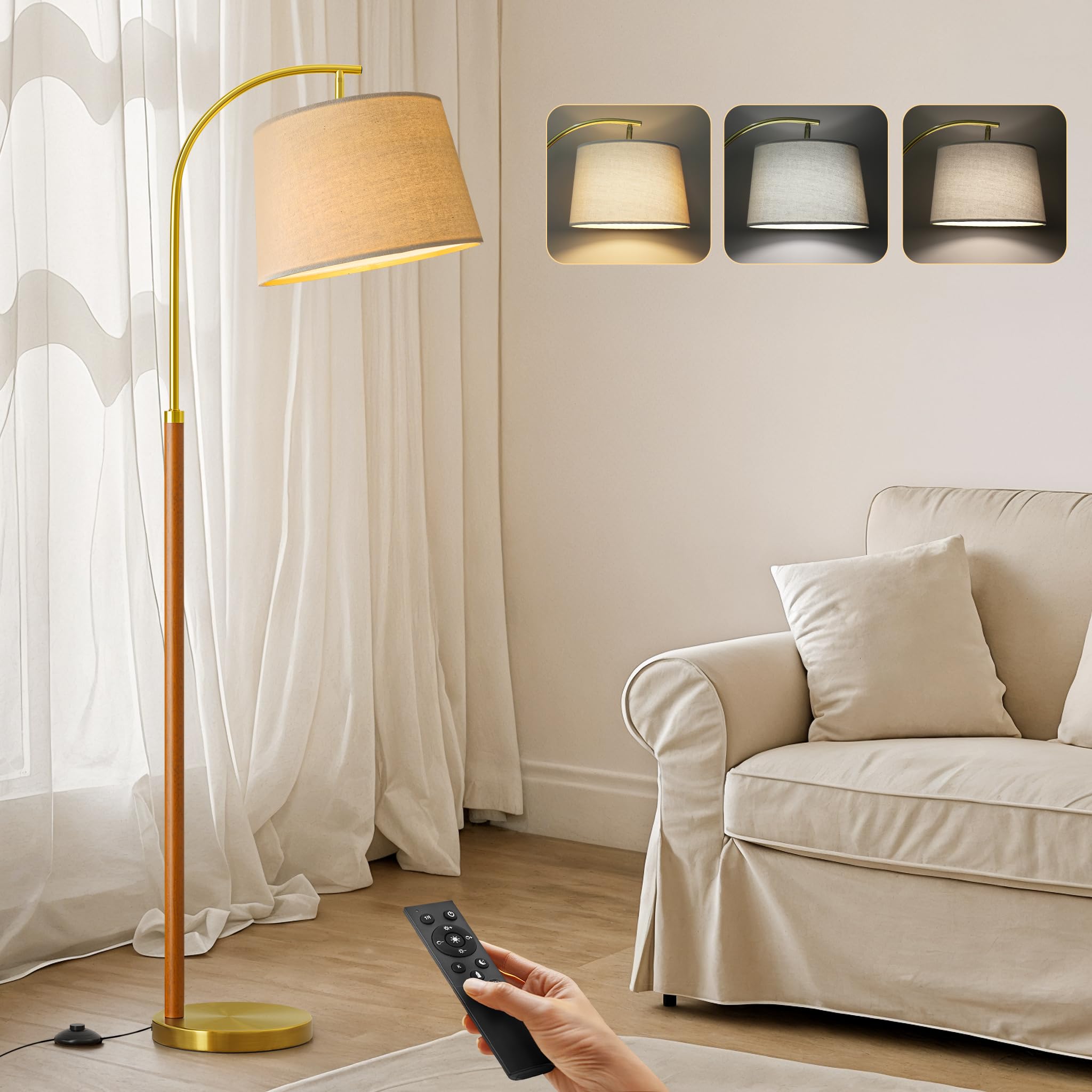 62.5'' Gold Floor Lamp For Living Room Dimmable Standing Lamp With Remote & Foot Switch, 3 Color Temperatures Arc Tall Lamp Wood