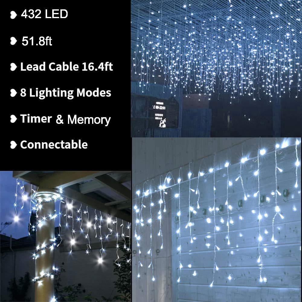LYHOPE Icicle Christmas Lights, 432 LED, 35.4ft, 8 Modes, Pure White, Model JT-EL/FC300V0200-C, Indoor/Outdoor Decor