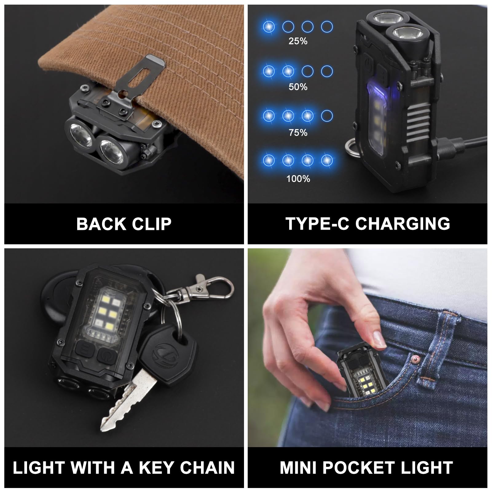 Sefone 8 Modes Clip On Flashlight Mini Edc Keychain Flashlight, Running Light Led & Cob Small Pocket Flash Lights, Super Bright