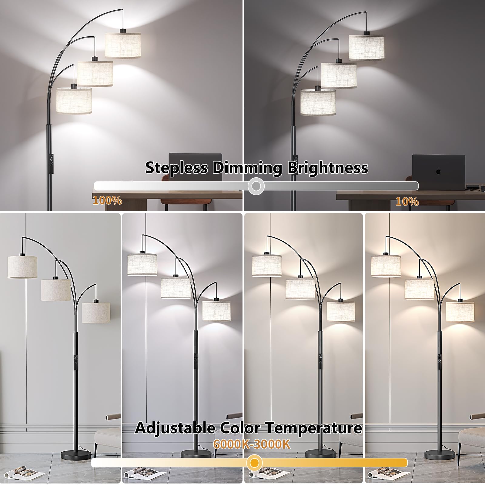 Sunmory 3 Lights Floor Lamp With Remote Control And 3 Stepless Dimmable Bulbs, 78'' Tall Standing Lamp With Hanging Drum Shade &