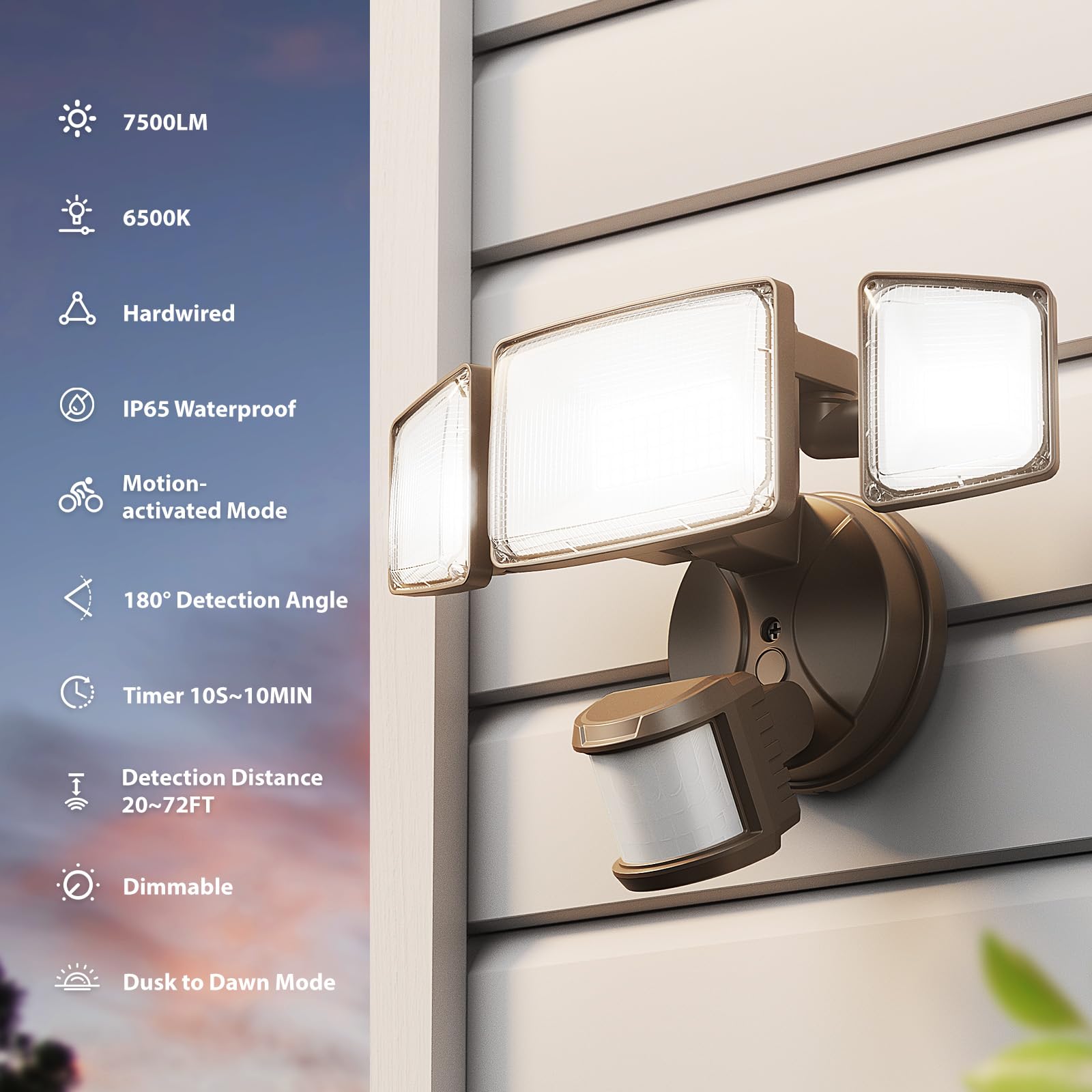 Onforu 75W LED Motion Sensor Outdoor Flood Light, 7500LM, IP65 Waterproof, Brown, Hardwired, Model BDB75G-3