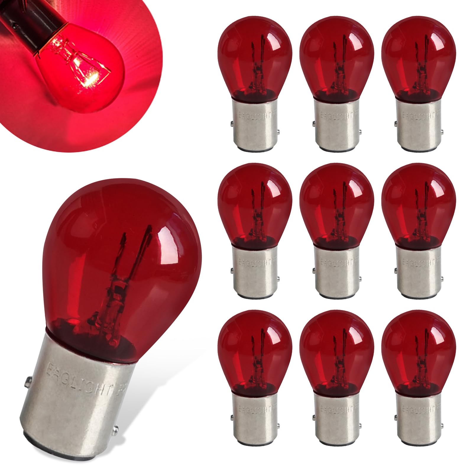Flygun 1157 P21/5W S25 BAY15D Halogen Light Bulb, 10 PCS, Red, Glass, Model FUNSCD2020RE-10PCS