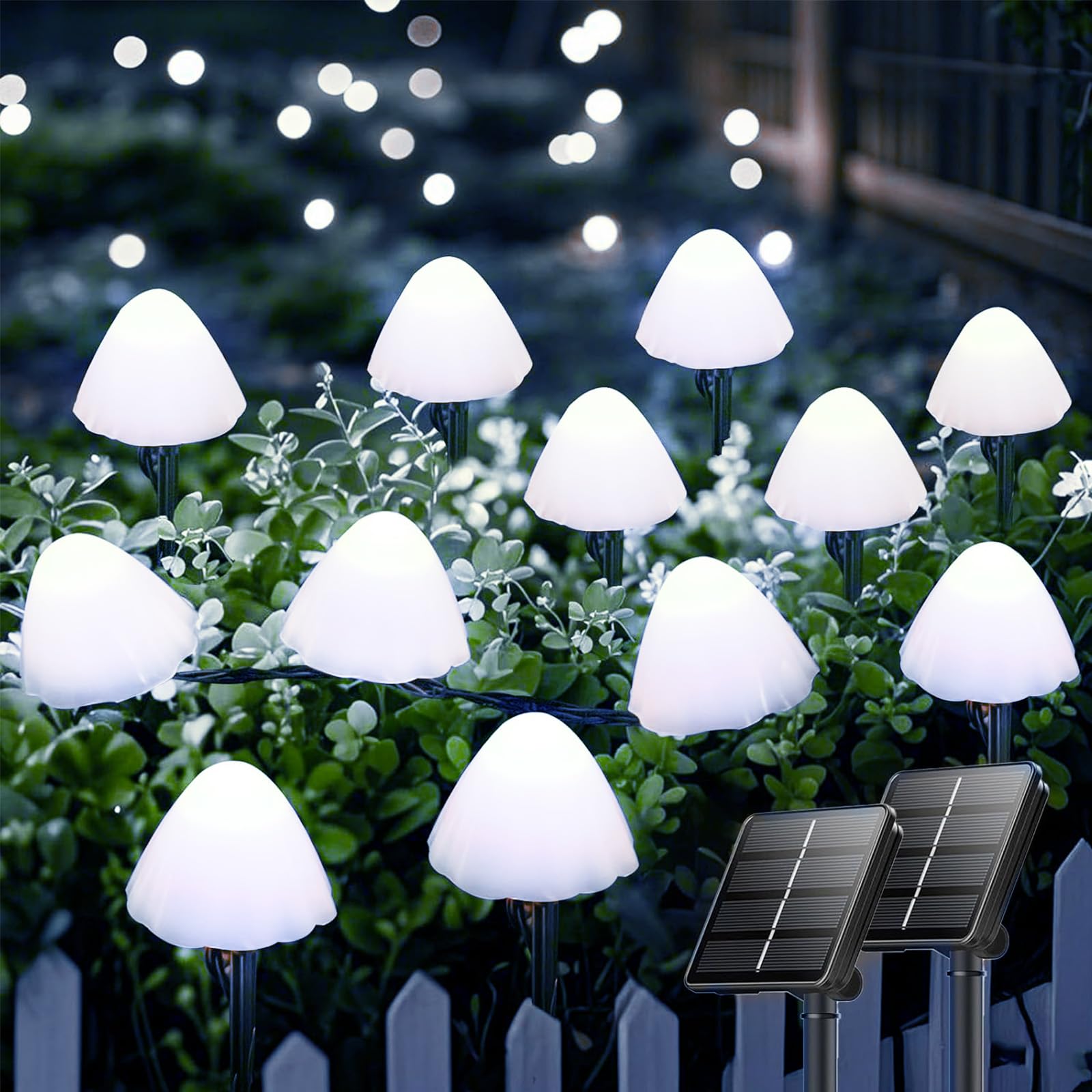 OZS Solar String Lights 32LED 55FT 2 Pack Waterproof with 8 Lighting Modes Mushroom-Cool White for Garden Pathway Decor