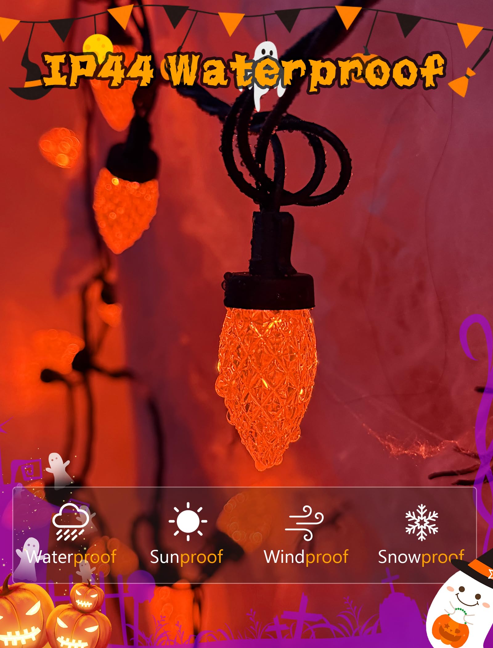 Orange Halloween String Lights Outdoor  26Ft Halloween Decorations Lights With 50 C7 Led Strawberry Orange Bulbs  Hanging Outdoor Patio Light For Outside Roofline Fall House Window Holiday Party Decor