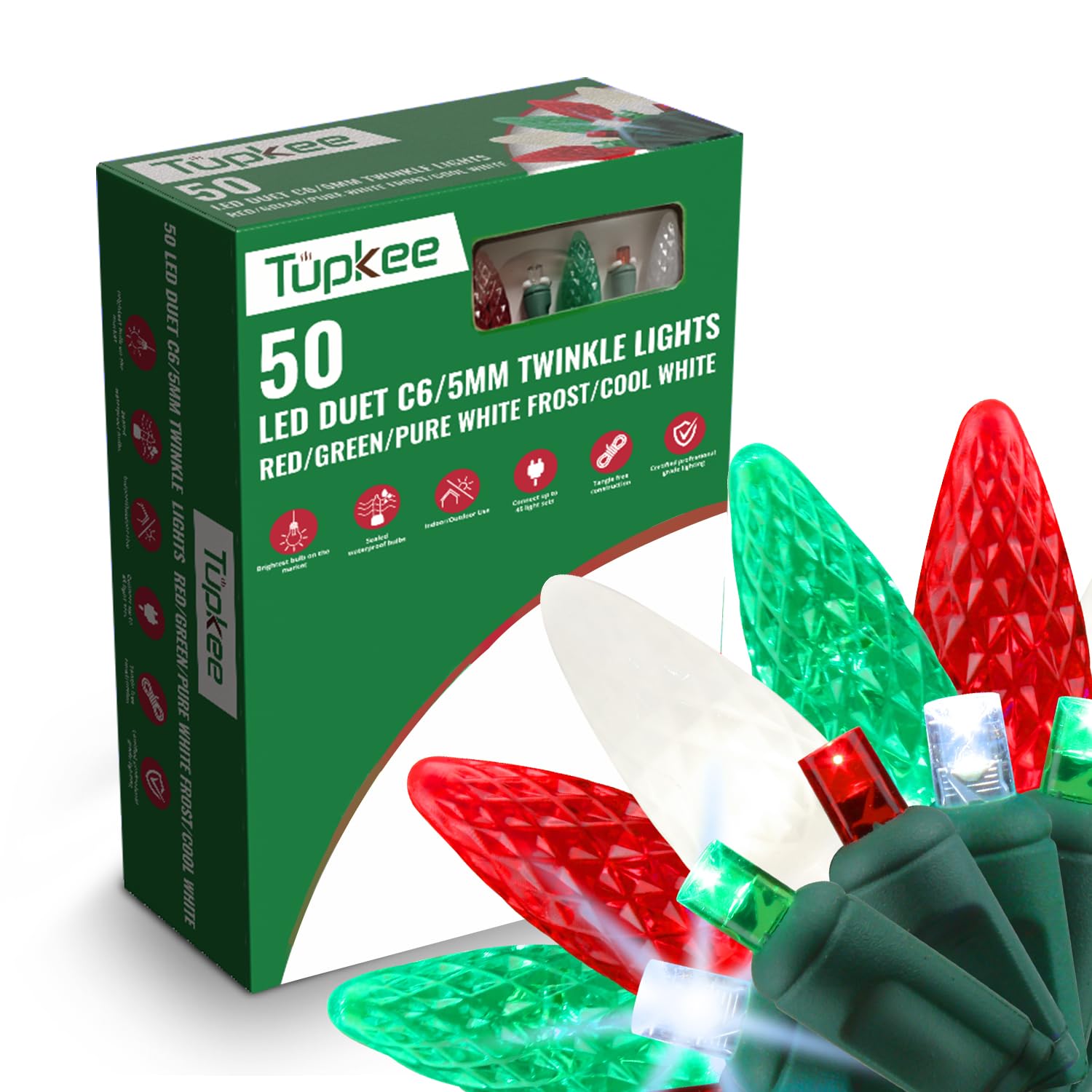 Tupkee Christmas LED Twinkling Lights, 50 Bulbs, 24.5 Feet, Indoor/Outdoor, Red/Green/White, Professional Grade
