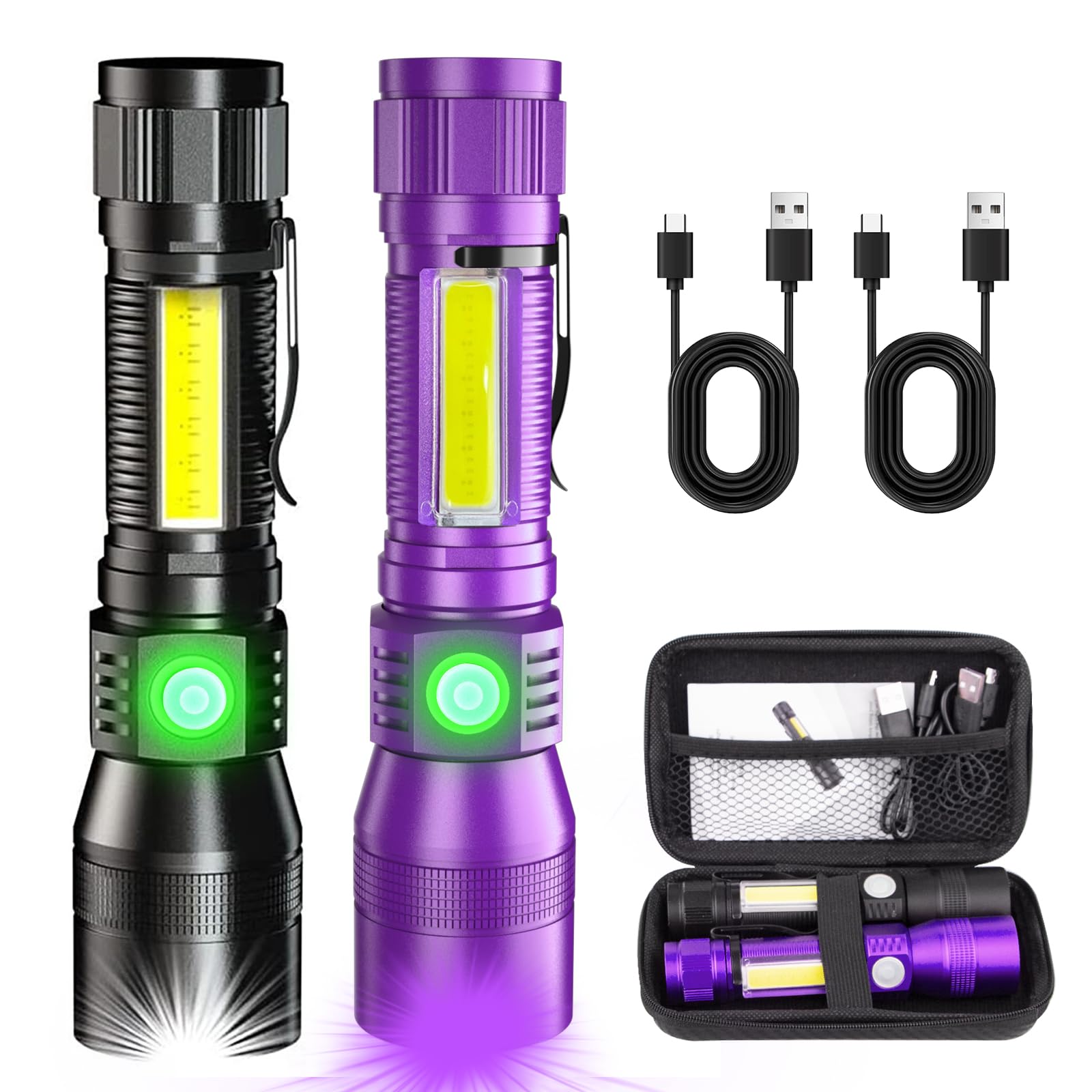 Vnina UV Rechargeable Flashlight 1000 Lumens 3-in-1 LED 5.71 IN 2 Pack Black/Purple