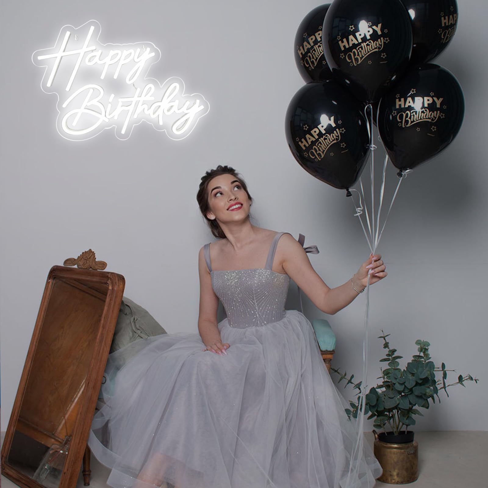 BerniceKelly Happy Birthday Neon Sign Wall Decor, 17x12 Inch, White LED Light, Model AW-12