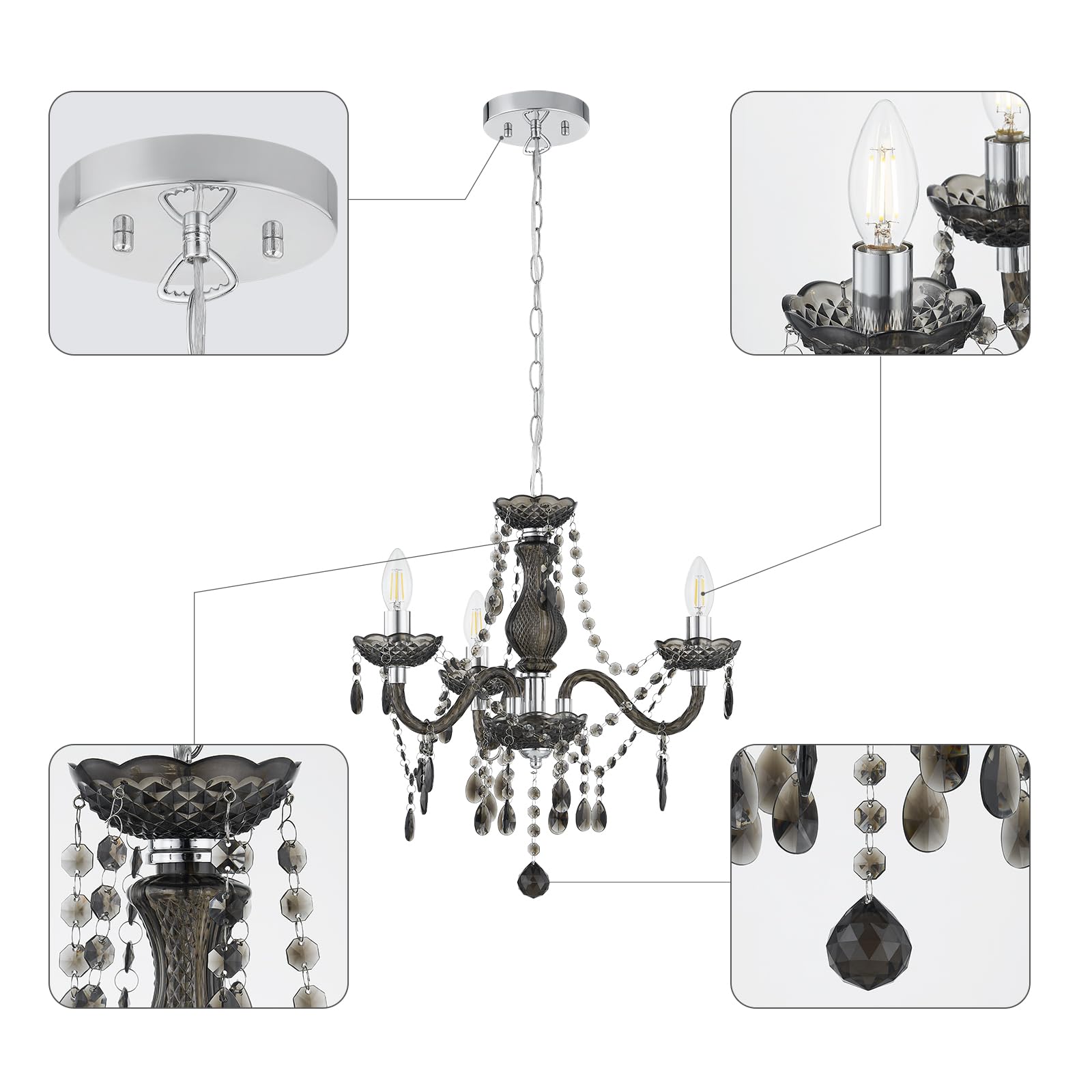 Luvkczc Mini Black Crystal Chandelier 3 Light Modern Acrylic Pendant For Dining & Bar