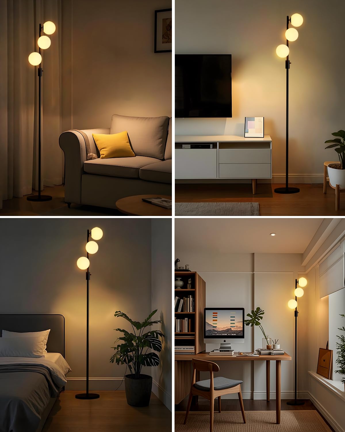 Acohook 64In Dimmable Black Floor Lamp, Tall Standing Lamps With 3 Globe Soft Warm White Eye Care 3000K G9 Bulbs, Mid Century Mo