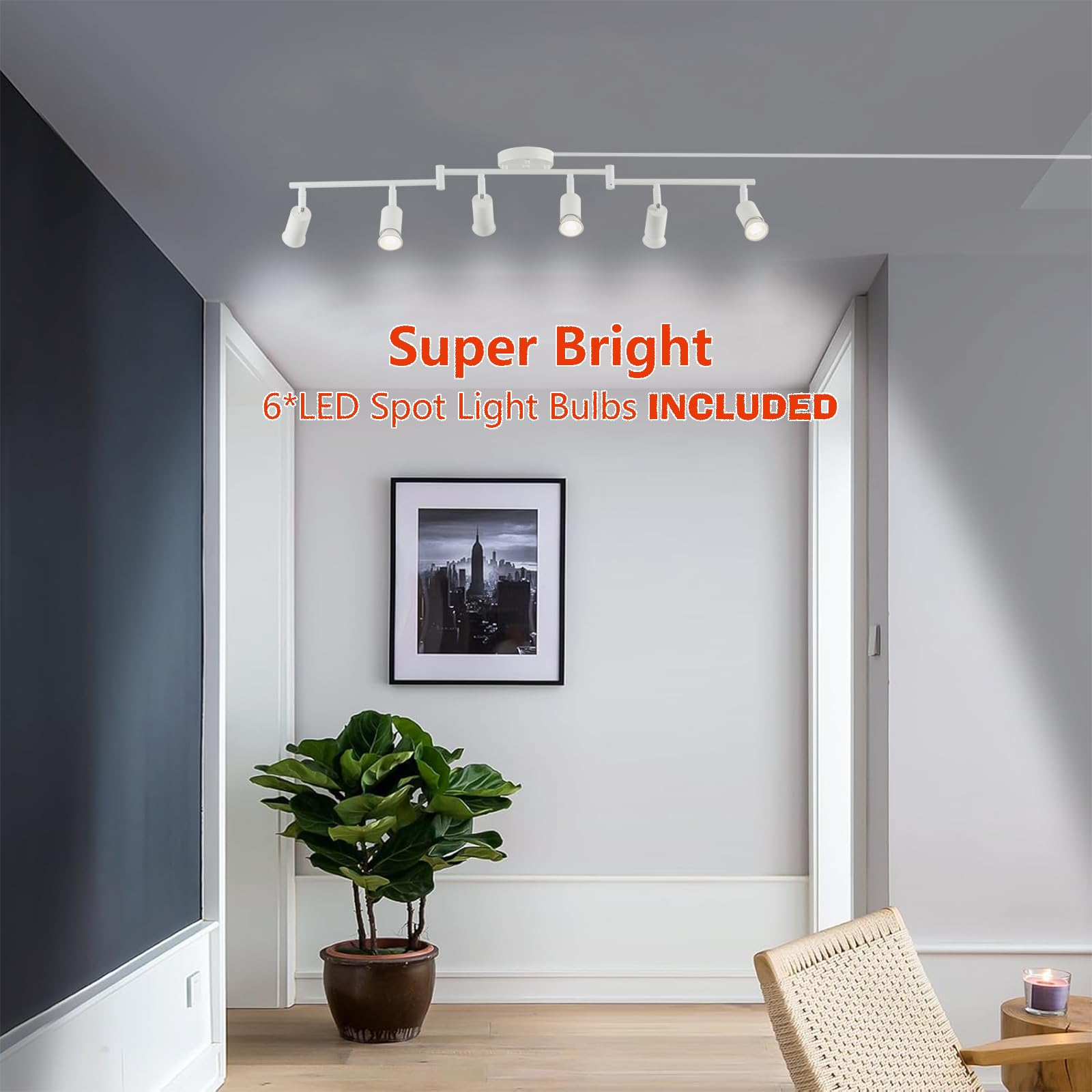 Vivihobb Dimmable Plug In Track Light White 6 Light Plug In Ceiling Lighting Fixture With 16.4 Long Cord 6 Way Ceiling Spotlight Rotatable Wall Mount Light Head Led Dimmable Spot Bulbs Included