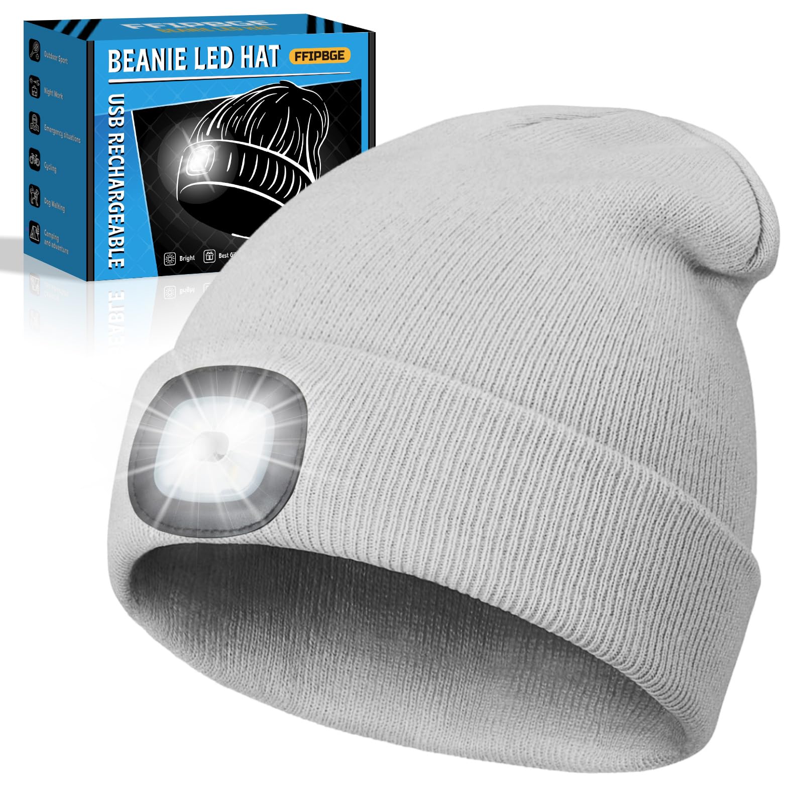 FFIPBGE Beanie Hat with LED Light, USB Rechargeable, 1 Pack, Gray, Model BHL2413, Ideal for Camping and Hiking