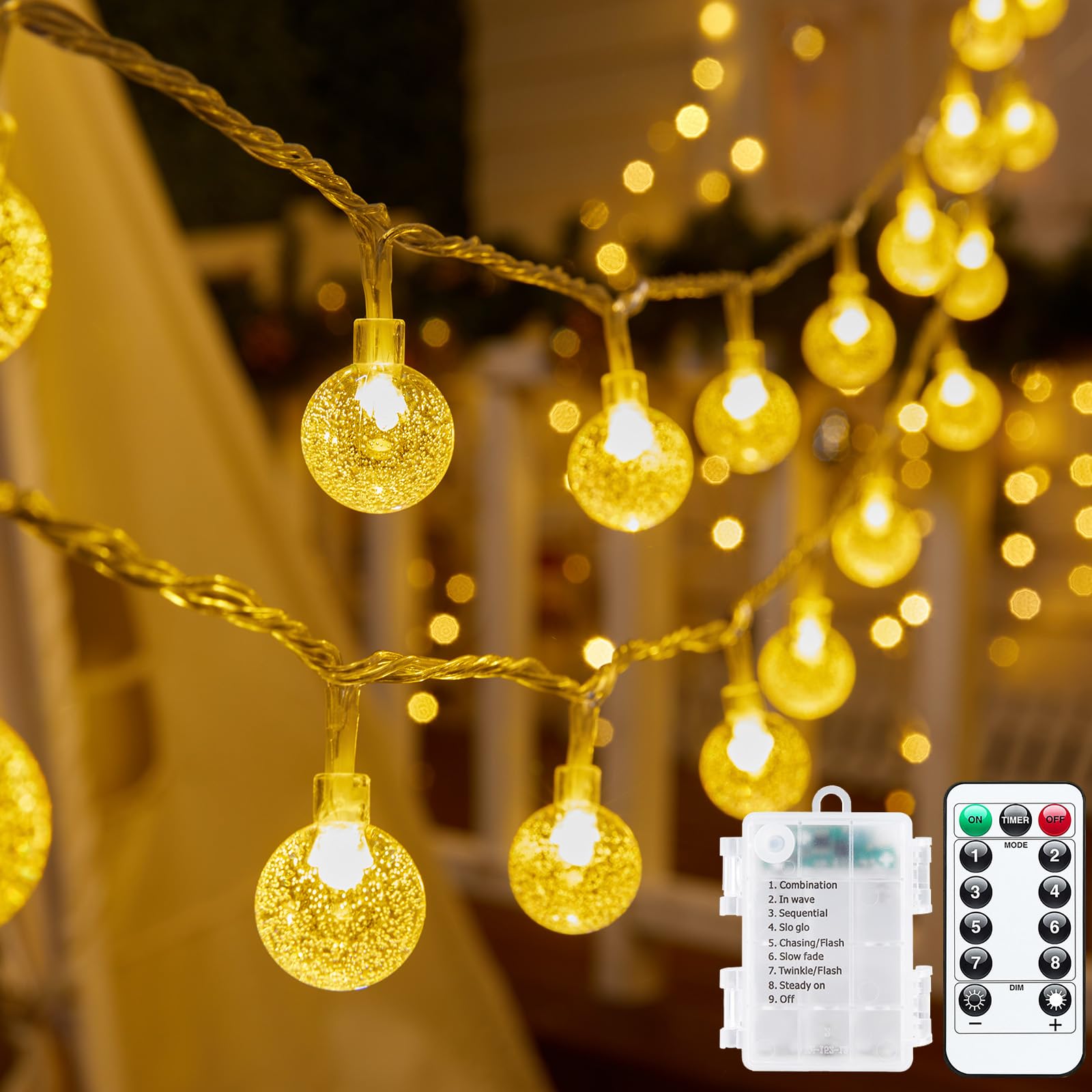Minetom Crystal Globe String Lights - 17 ft, 30 LED, Battery Operated, Waterproof, Warm White, Remote Control, 8 Modes