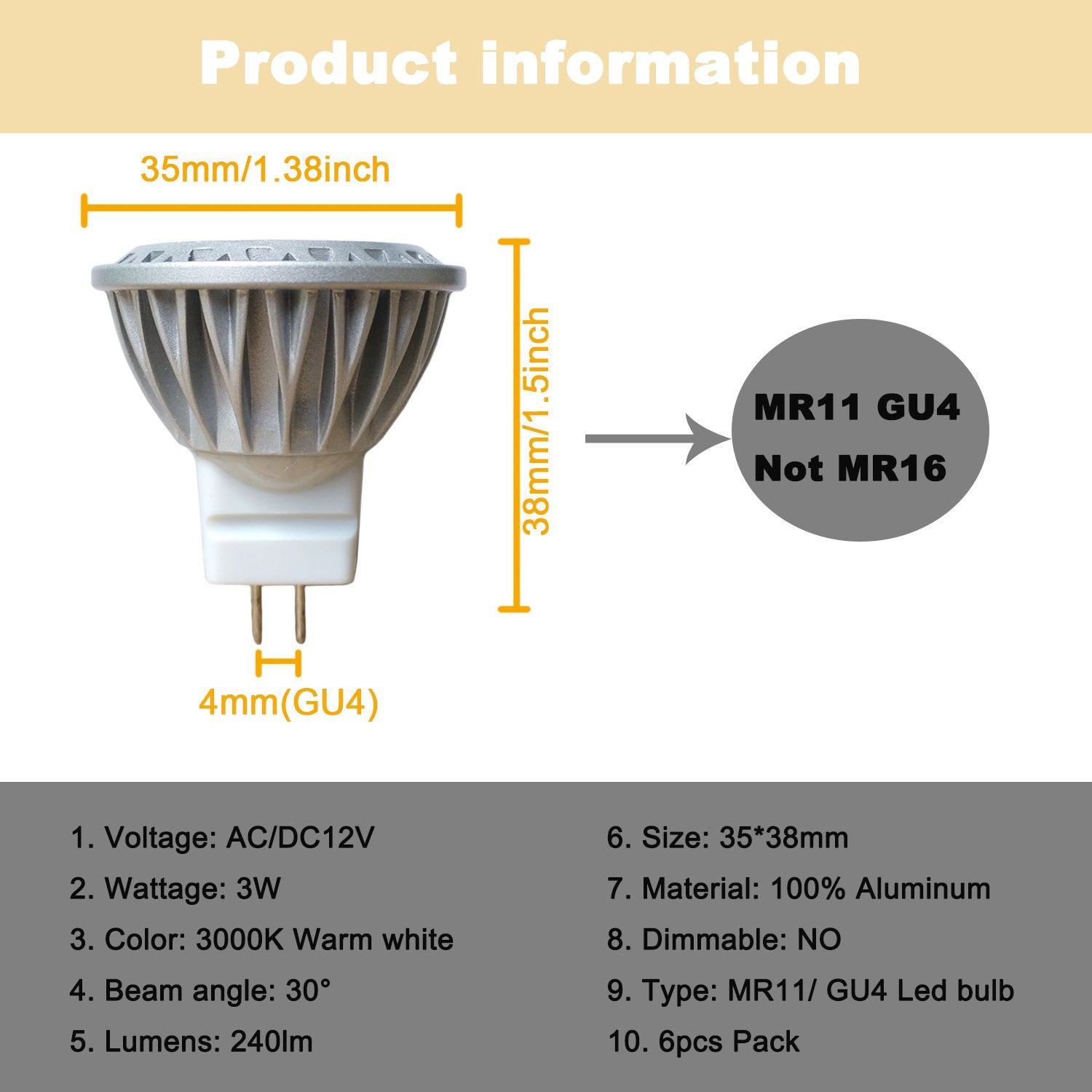 ALIDE MR11 GU4 LED Bulbs 3000K Warm White 3W, 12V Low Voltage Spotlights, 6 Count, Aluminum
