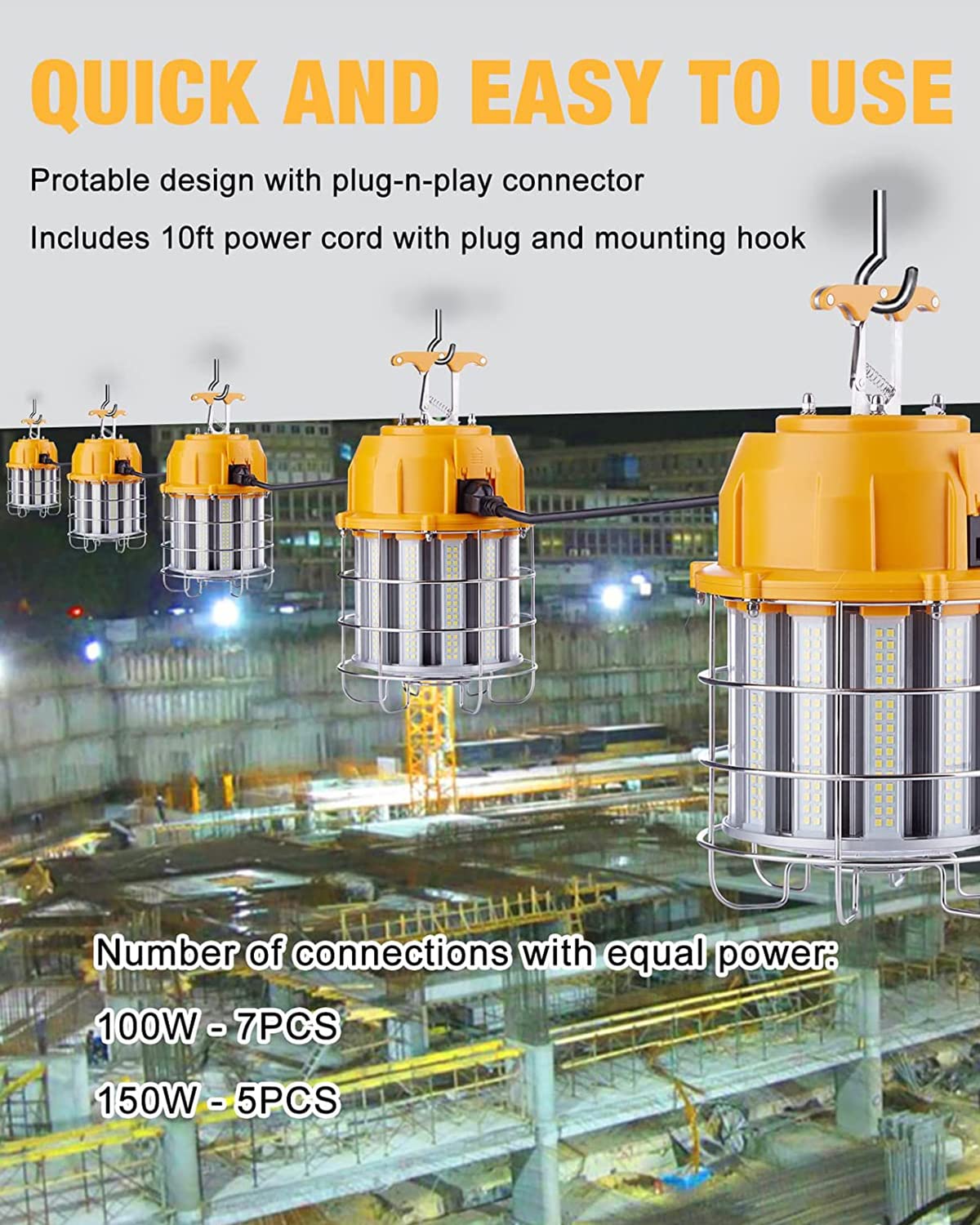 Led Temporary Work Light 150W, 5000K 18,000Lm Outdoor Construction Lights Job Site Lighting 10Ft Cord Ip65 Dust Waterproof Hanging Lighting