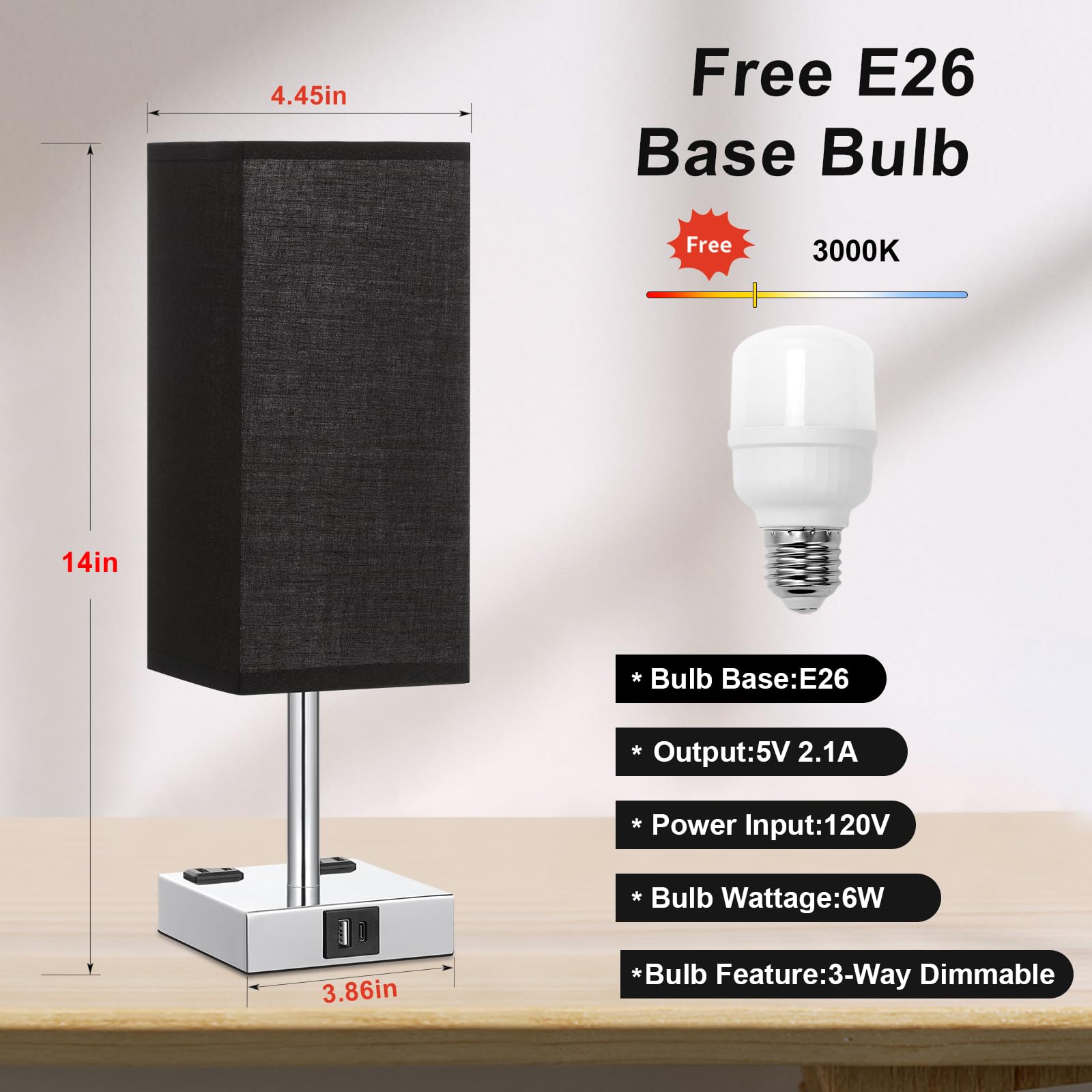 aooshine Touch Bedside Table Lamp - 3-Way Dimmable, USB A & Type C Ports, 14in, Black & Silver, E26 LED Bulb, Model 3
