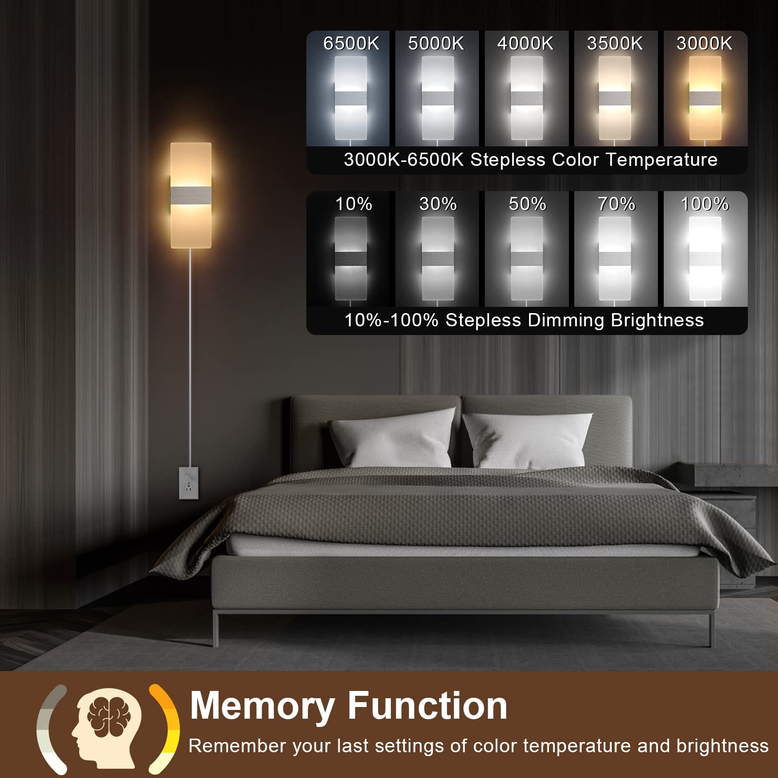 GOODATE Plug-in Wall Sconces, 12W LED, Adjustable 3000K-6500K, 2 Pack, Acrylic, Silver