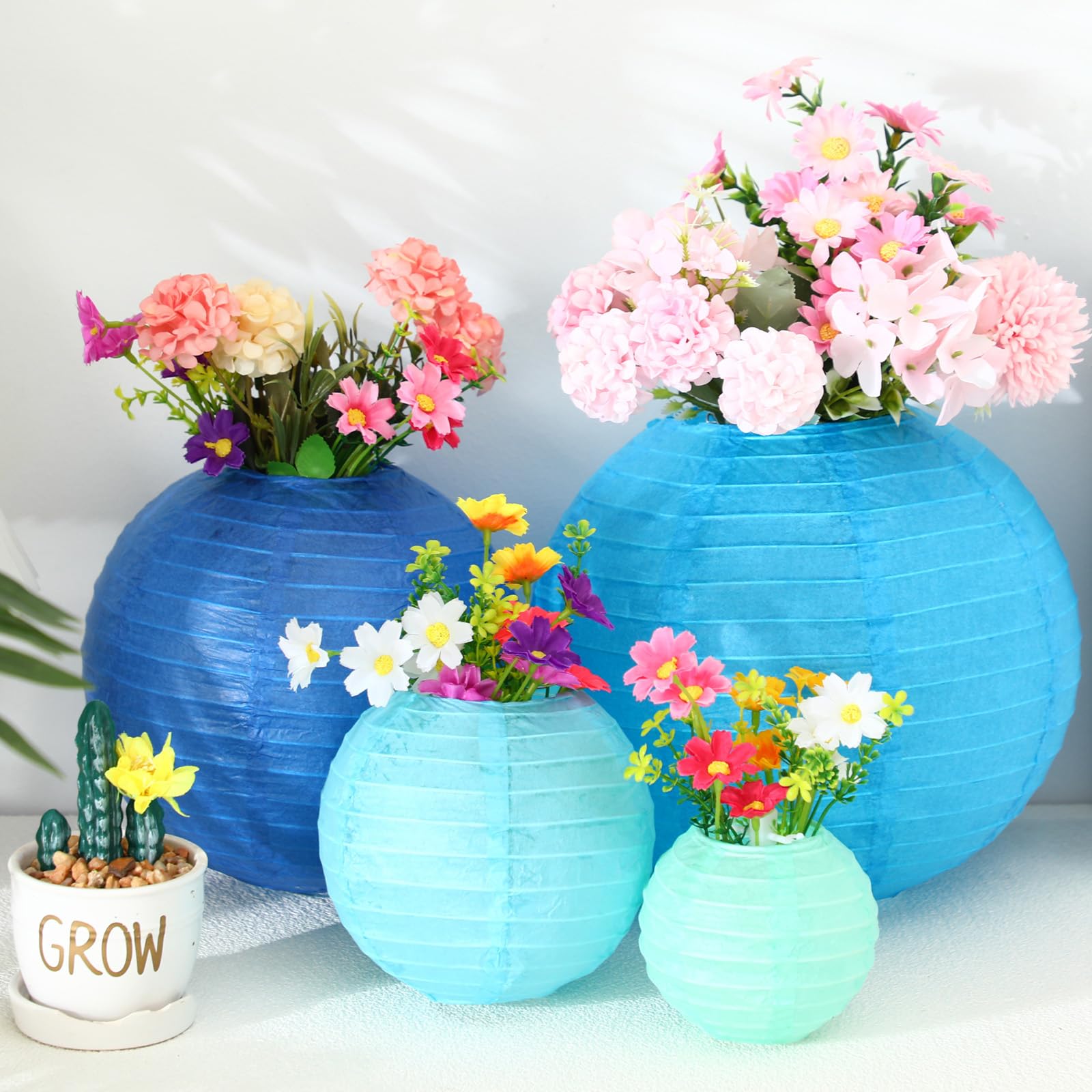 Treela 48 Pcs Paper Lanterns Party Decorations Chinese Round Paper Lanterns 4/6/8/10 Inch Asian Hanging Lanterns Lamps Decorative For Birthday Party Supplies(Blue Series)