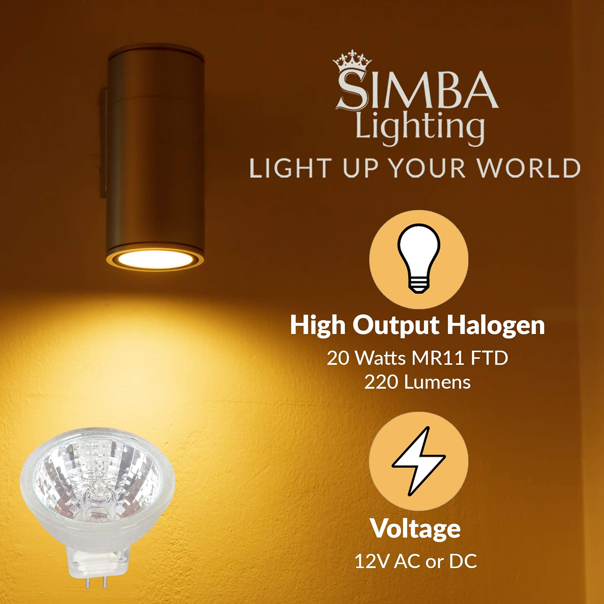 Simba Lighting MR11 Halogen 20W Spotlight Bulbs, 6 Pack, GU4 Bi-Pin Base, Warm White 2700K, Dimmable, Glass Cover