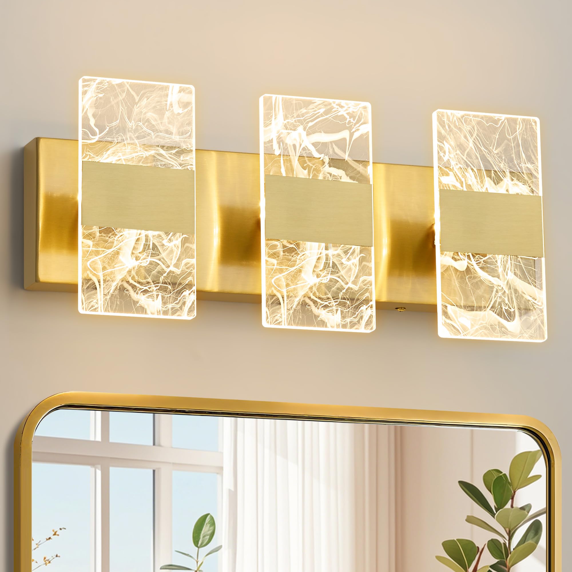 NADOSA Modern LED Bathroom Light Fixtures Dimmable 3-Light Gold Vanity Light  5CCT Adjustable Lighting Fixture Vanity Lights Over Mirror  Smoked Acrylic LED Vanity Lights for Bathroom