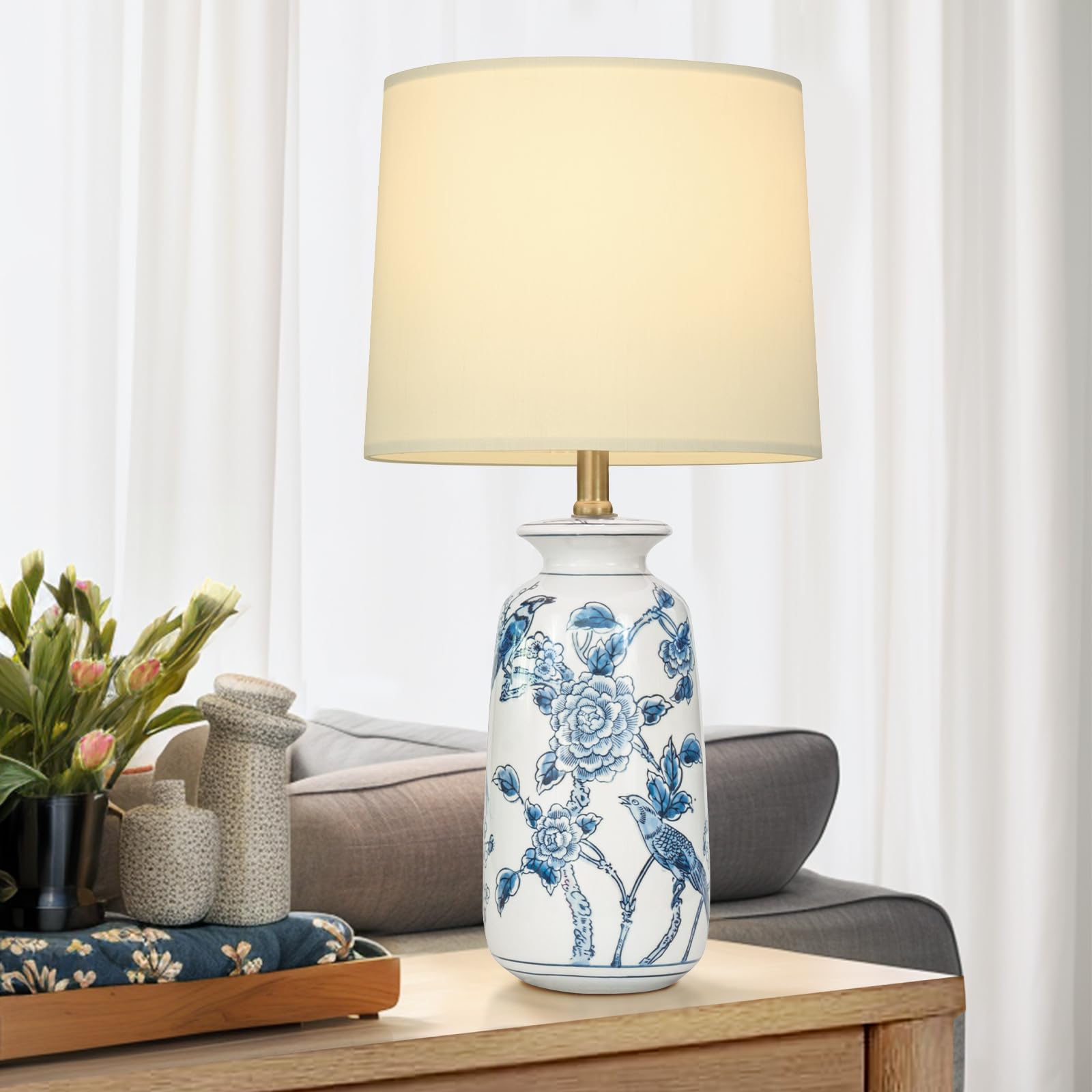 EUO Blue Ceramic Table Lamp - 24.25" Traditional Design with Blue Birds & Flowers for Living Room, End Table, Nightstand - Model TL-203-BU
