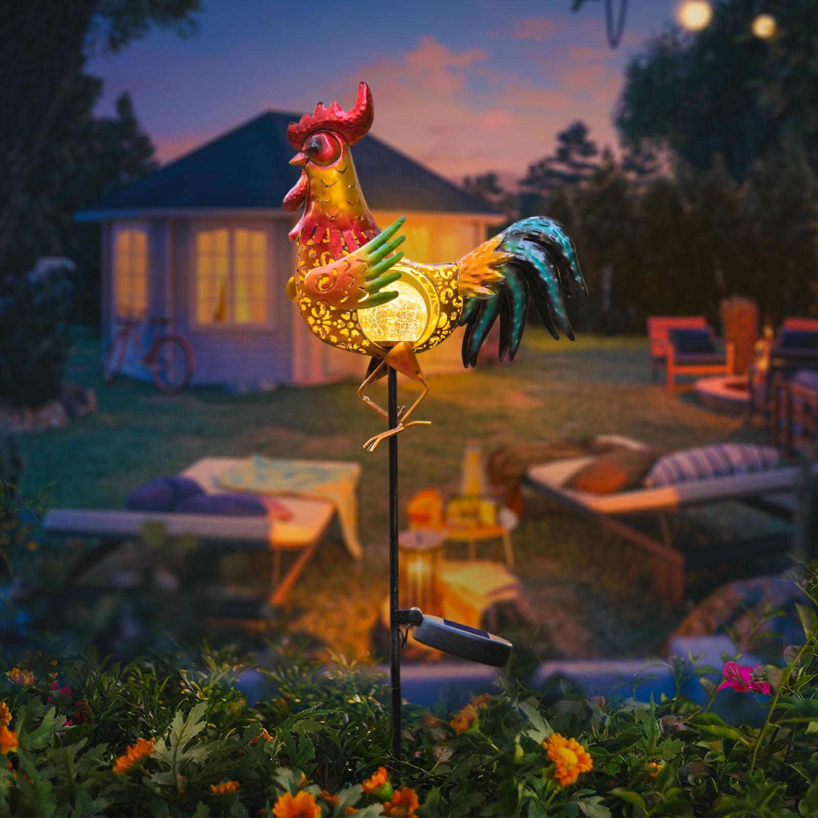 Tryme Chicken Decor Rooster Solar Lights Outdoor Decorative Garden Statue Gifts For Chicken Lovers Women Mother Metal Chicken Yard Art For Lawn