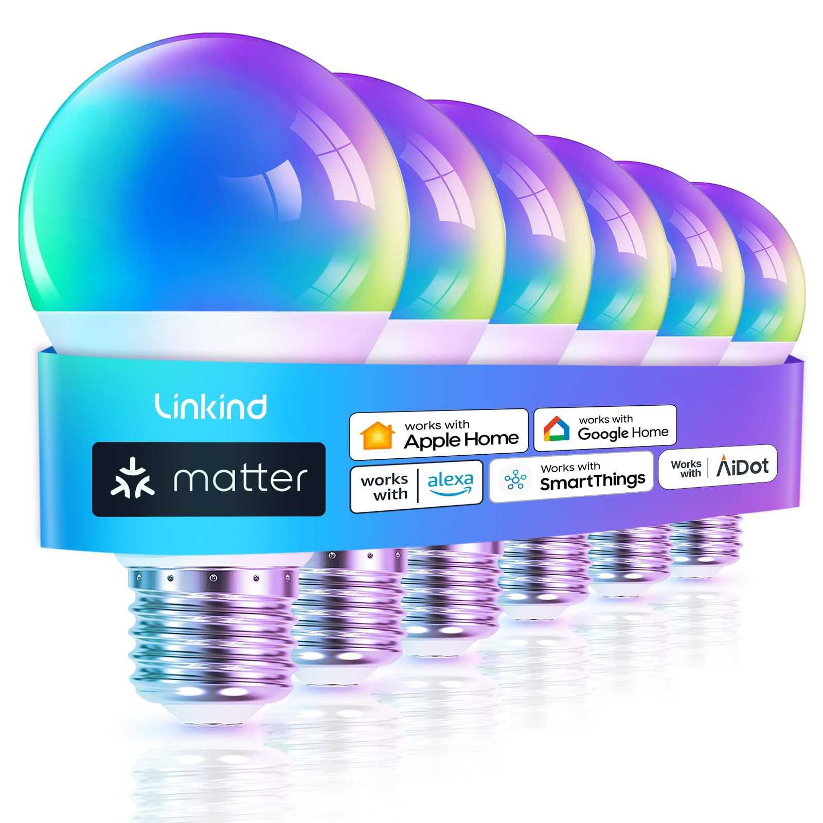 Linkind Smart Light Bulb, RGBTW Color Changing, 60W 800LM, 2.4GHz WiFi, Model LS0101811266, 6 Pack