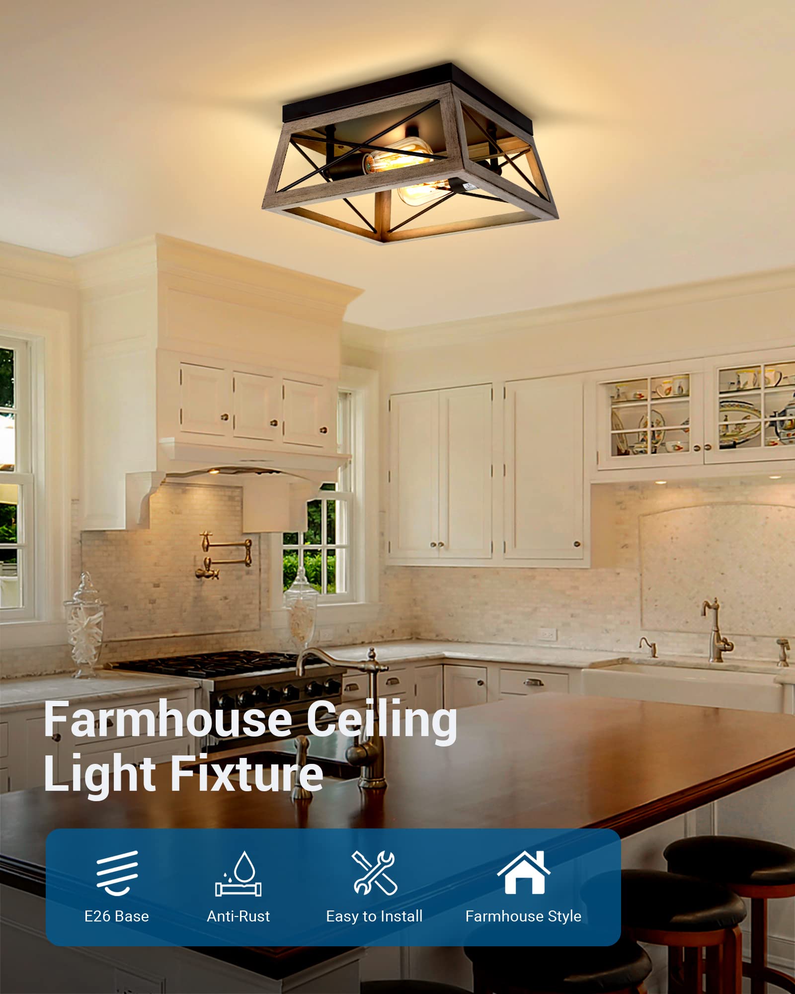 DEWENWILS 2-Light Flush Mount Ceiling Light, Metal, Dark Gray, Model HFCL02E, Farmhouse Industrial Design for Hallway Kitchen Living Room