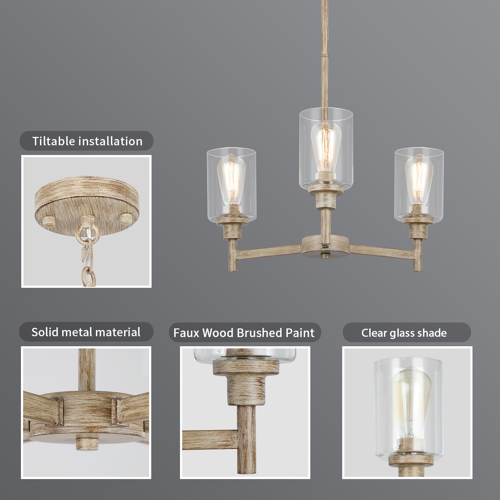 3 Light Farmhouse Chandelier | Rustic Chandeliers For Dining Room Light Fixtures |   Wood Hanging Lighting With Clear Glass Cover For Kitchen Island | Entryway | Bathroom | Corridor | Hallway