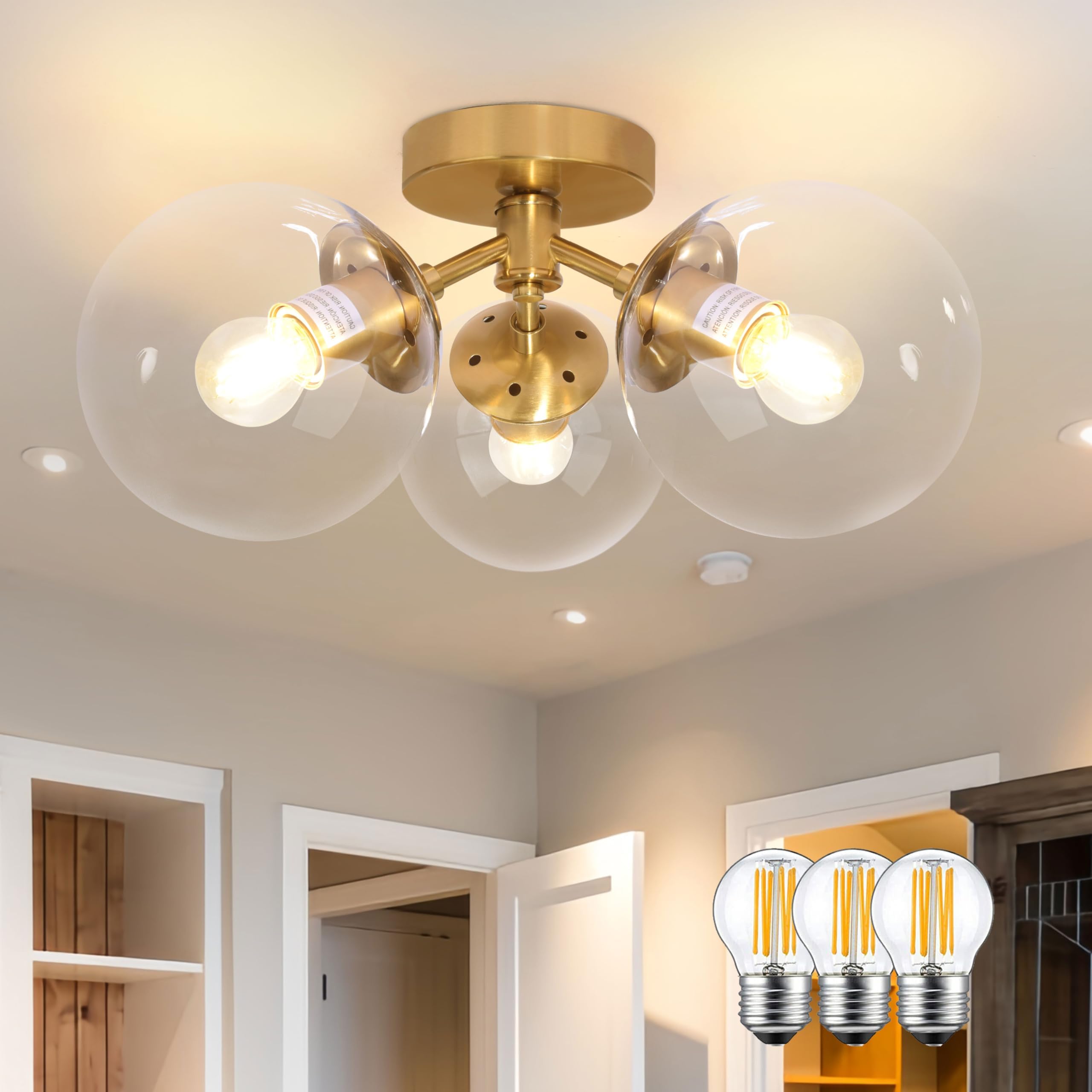 Bagood 3-Light Modern Gold Semi Flush Mount Ceiling Lights Clear Glass Globe Ceiling Lights Mid Century Brass Chandelier Modern 