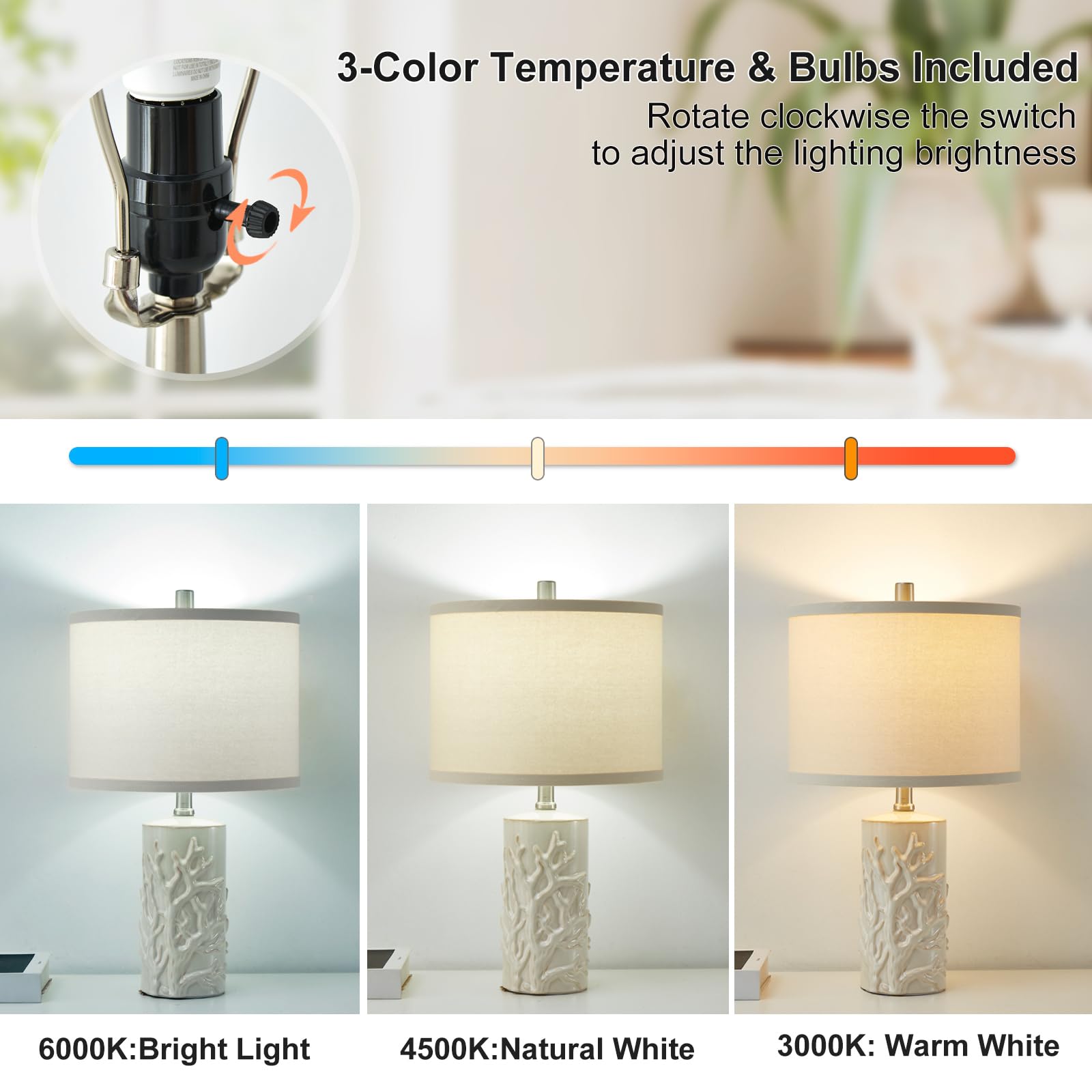 Vintage Farmhouse Table Lamp Set Of 2, Tree Trunk Grain Nightstand Lamp With Eye-Protecting Fabric Shade For, 3-Color Temperatur