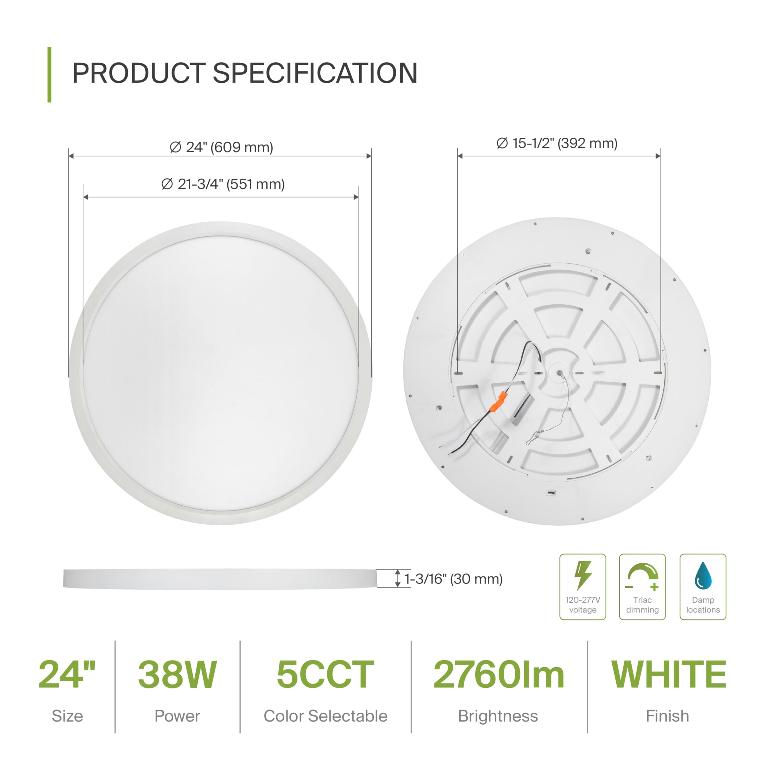 Asd Led 24 Inch Round Flush Mount Ceiling Light Fixture | 38W 2700Lm 2700-6000K 100-277V | 5Cct, Dimmable, Ultra Slim, Etl Liste